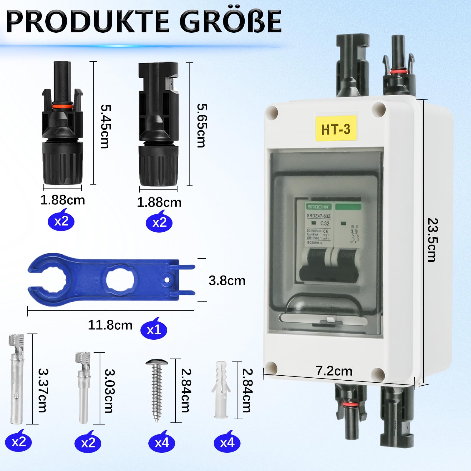 Warmfay DC Trennschalter PV Anlage Leitungsschutzschalter 32A 2 Polig, 12V-1000V DC Sicherungsautomat Mit Solarstecker, IP65 Wasserdicht Gehäuse für balkonkraftwerk