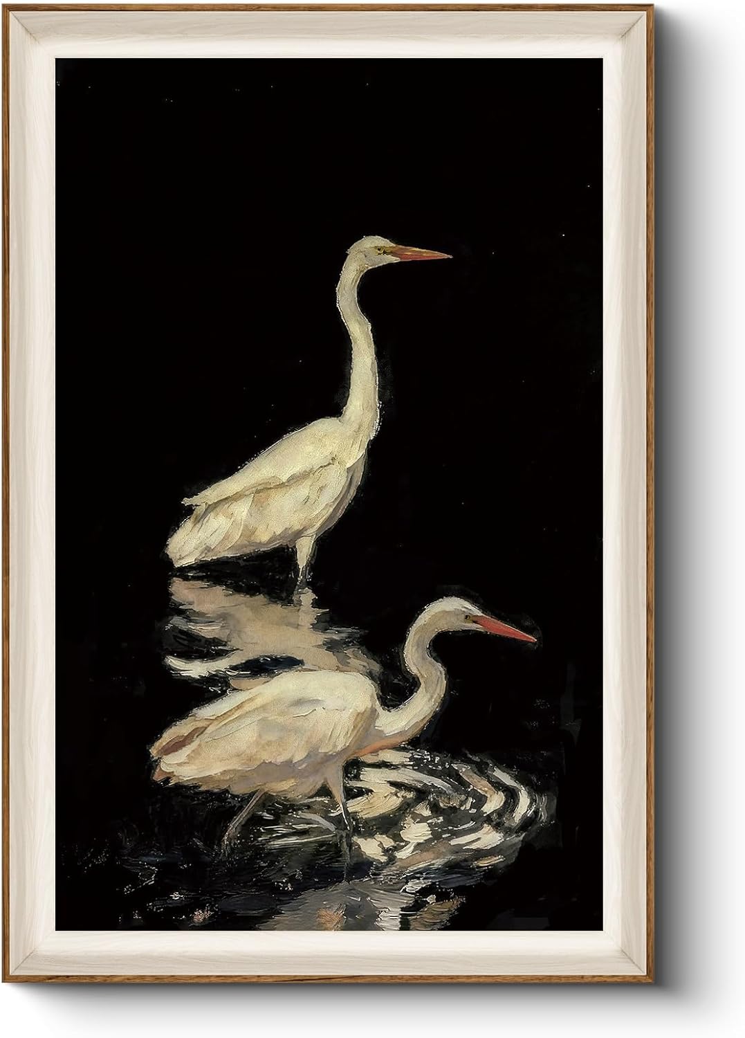 HUARCEY Classic Large Frame Bird Wall Art 24x36 for Home Decor, Egret Heron Foraging in the Water Canvas Print, White Crane Modern Minimalist Animal Painting for Bathroom Bedroom Living Room