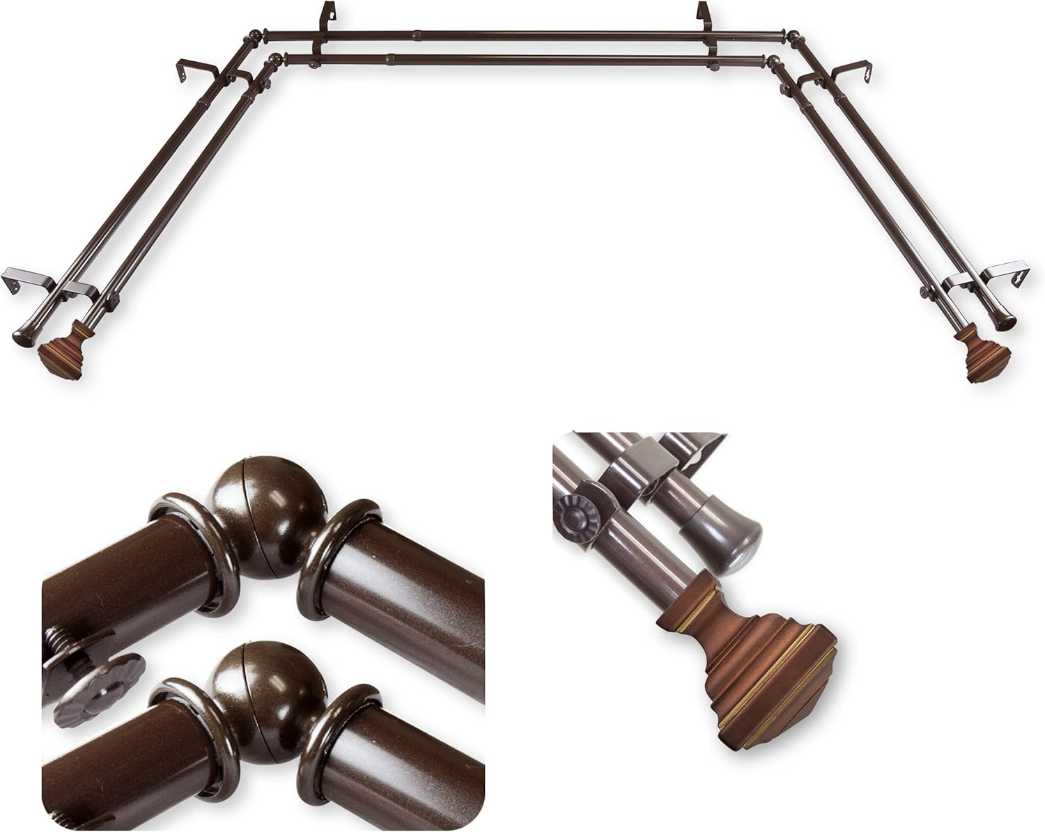 A&F Rod Décor - Elijah 13/16" Bay Window Double Curtain Rod 20"-36", 38"-72" - Antique Brass