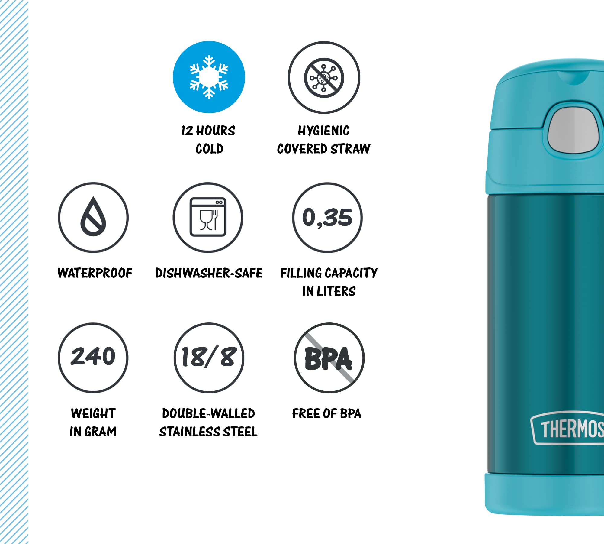 THERMOS Kids FUNTAINER STRAW BOTTLE 0,35 l, ocean teal, thermos per bambini, in acciaio inox, con cannuccia, 12 h freddo, assolutamente denso, per scuola, asilo, pausa | con cannuccia, thermos in acciaio inox, assolutamente ermetica, per scuola, asilo e p