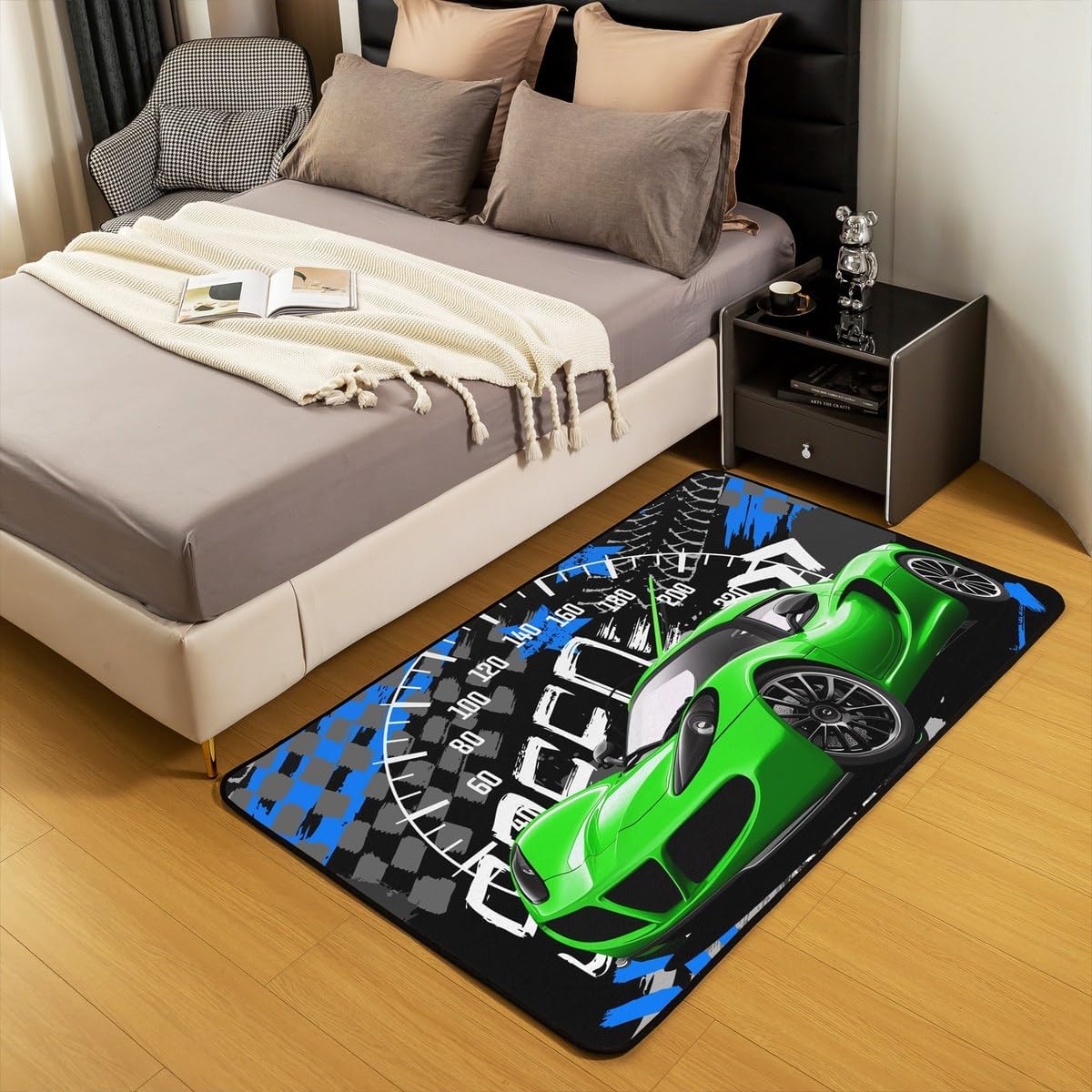 jejeloiu Race Car Area Rug 4x5 Speed Sports Car Living Room Rugs Extreme Sports Decorative Rug Automobile Indoor Floor Mat Cool Car Green Black Black Accent Rug