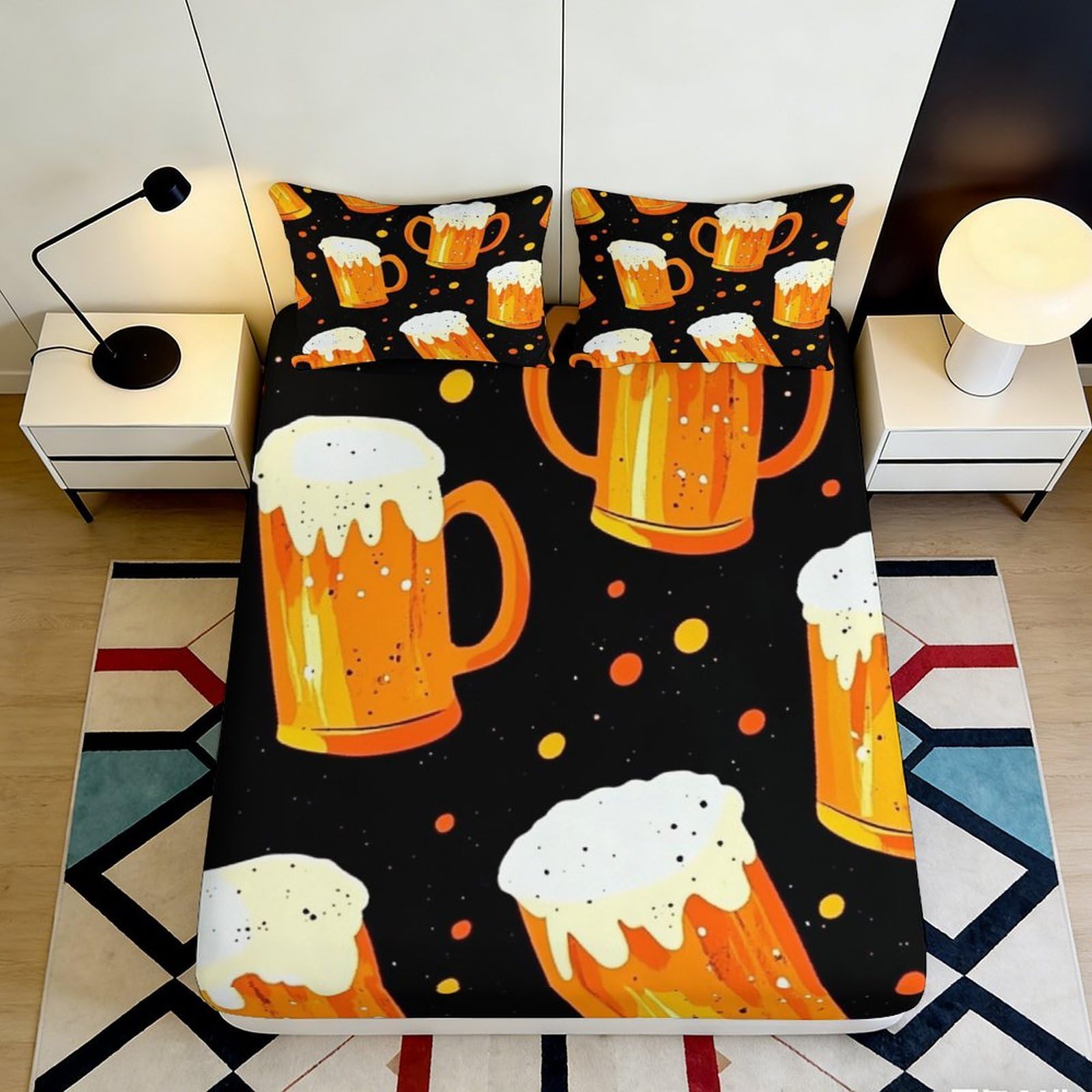 3D Printed Beer Mug Fitted Sheet Microfiber Soft Orange Foam Bed Sheet for Bedroom Dorm Mattress Protection Decor 90x200x25cm