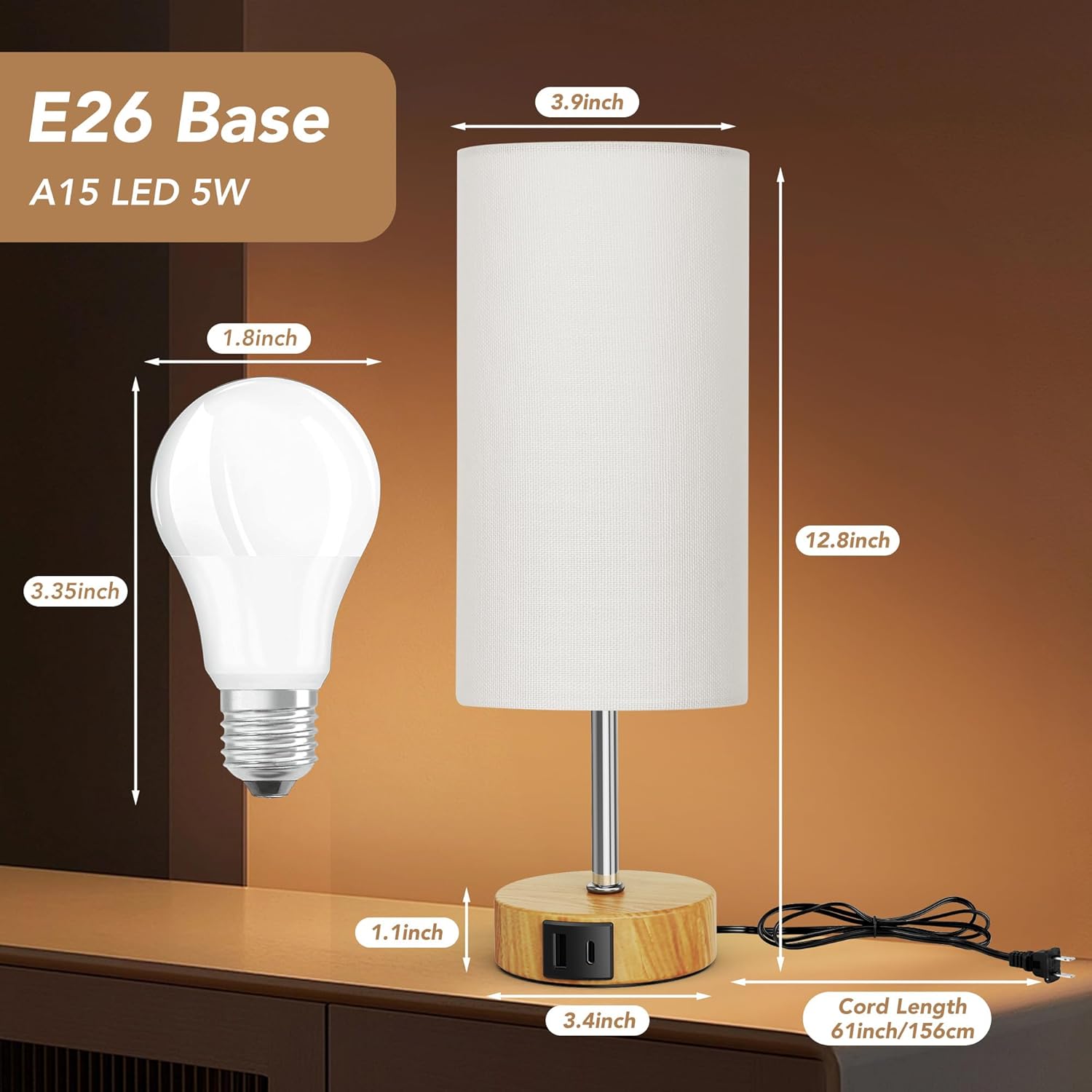 ROTTOGOON 12.8" Touch Control Table Lamp, 3-Way Dimmable Small Bedside Nightstand Lamp with 2 USB Ports, Modern Table Lamp with 5000K Daylight LED Bulb for Living Room (2 Pack)