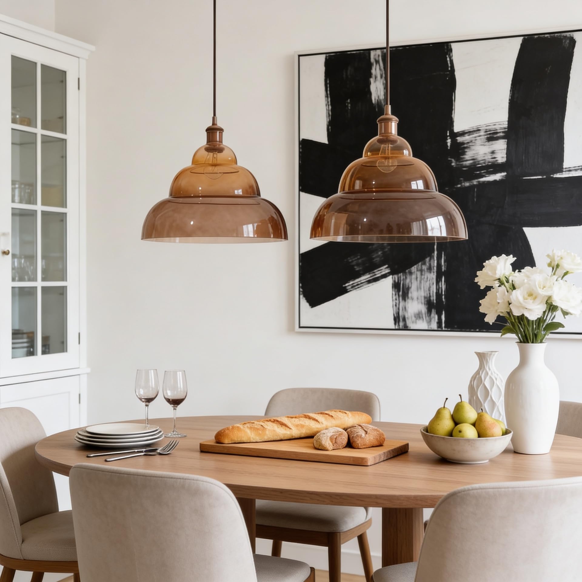 Pendelleuchte HALO (AMBER), Designer Hängeleuchte aus mundgeblasenem Glas Ø35 cm, handgefertigt in Europa, höhenverstellbar für Küche Esszimmer Wohnzimmer & Flur