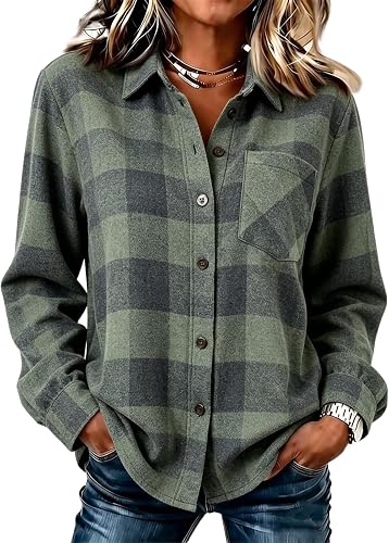 Womens Classic Plaid Shirt Button Down Collared Tops Business Casual Outfit