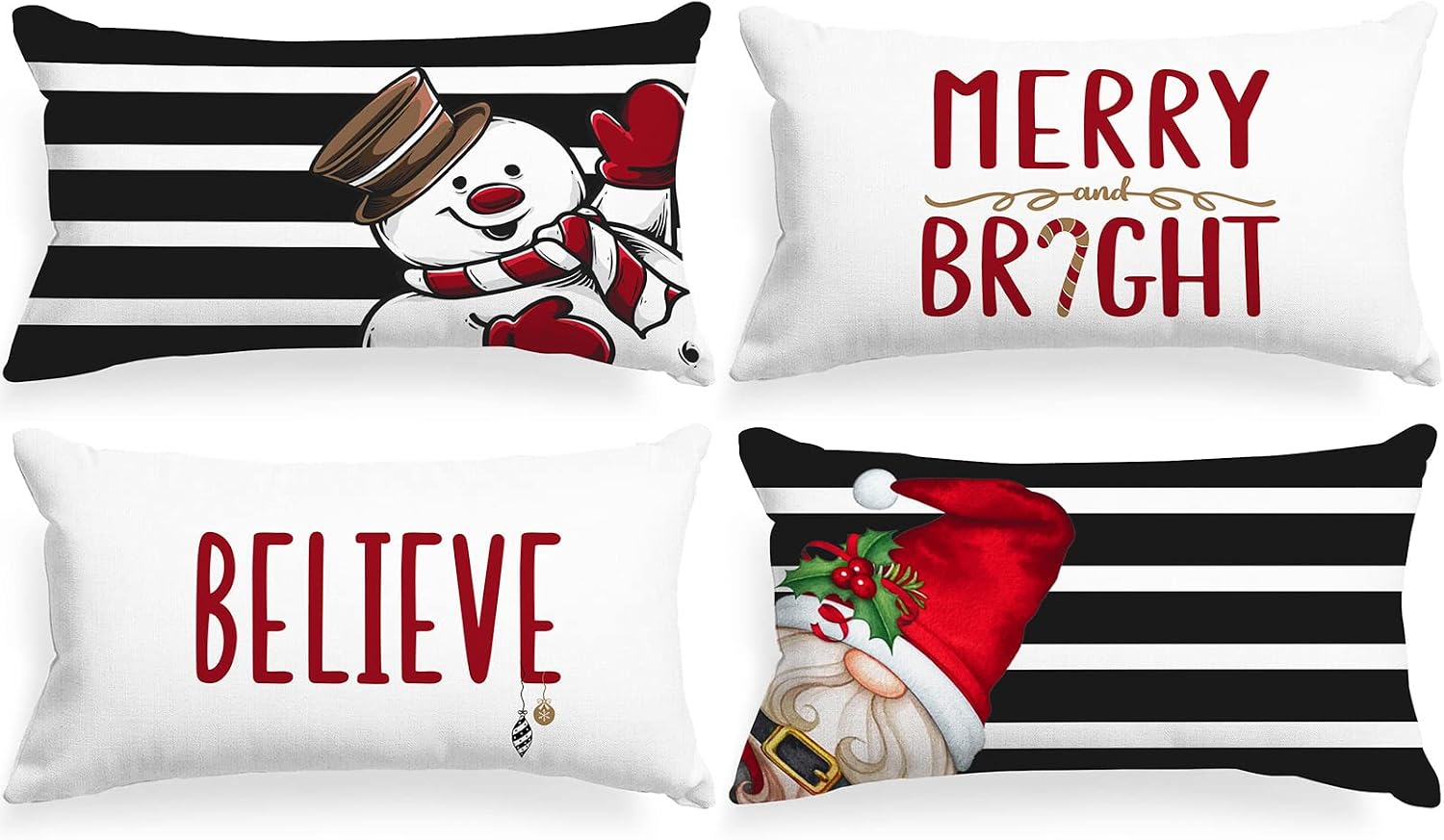 Lanpn Winter Outdoor Merry Christmas Lumbar Throw Pillow Covers 12x20 Set of 4, Decorative Waterproof Red and Black Snowman Gnome Long Holiday Cushion Cases Home Outside Porch Decor Decoration
