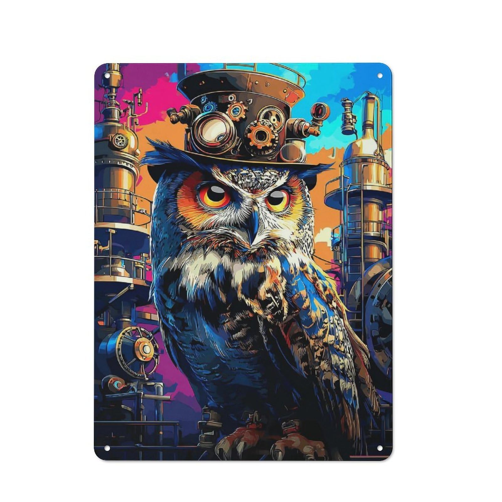 Classic Metal Plaque 40x30cm Featuring Steampunk Owl in Industrial Setting, Bistro Wall Plaque for Kitchen, Cafe, Pantry Or Dining Room