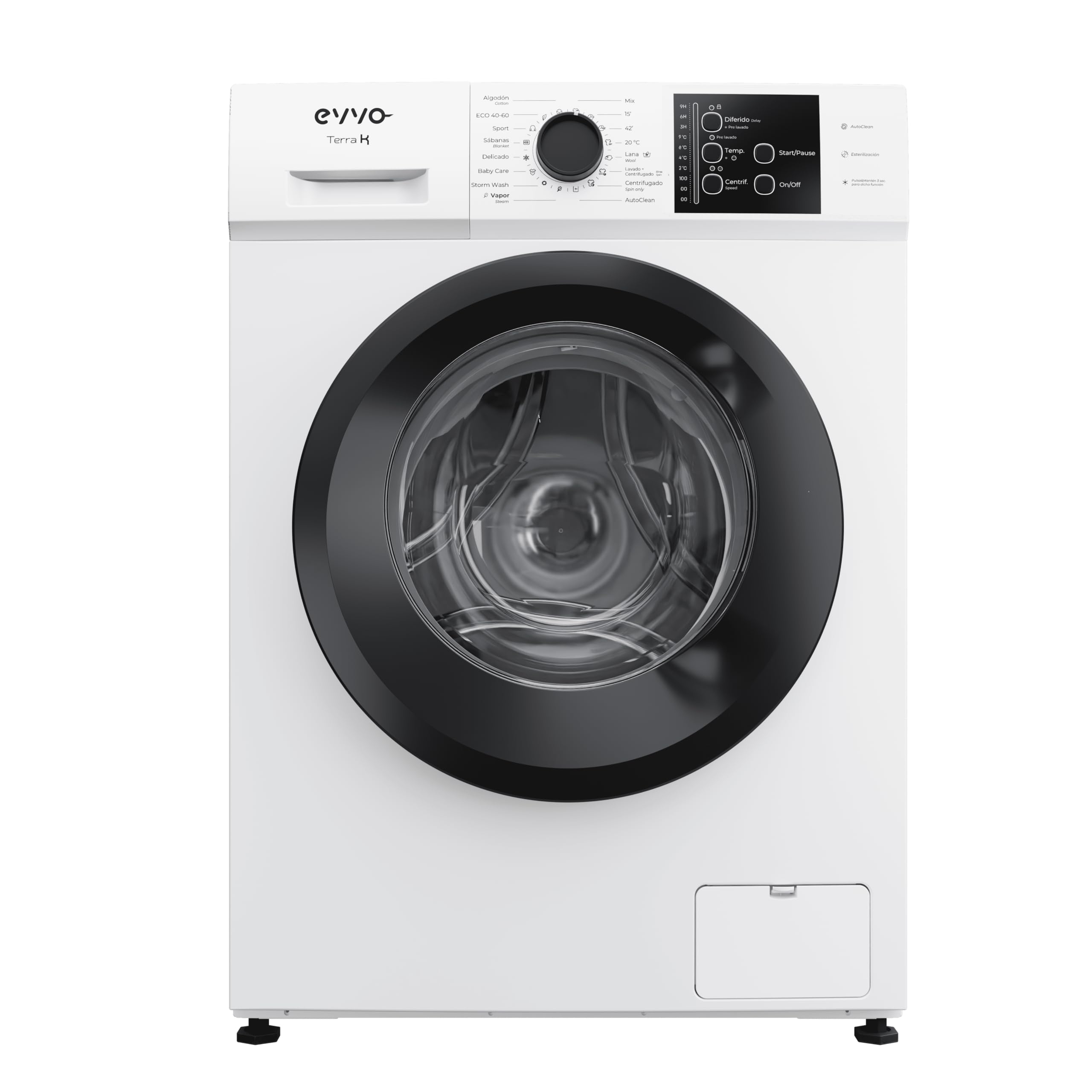 EVVO Lavadora Carga Frontal TERRA K7 - Lavadora Eficiencia Energética A, Motor eDRIVE Inverter, Función Vapor, 1000-1200 RPM, 16 Programas, Lavado Rápido, Limpieza de Tambor, Fondo Estrecho 44 cm