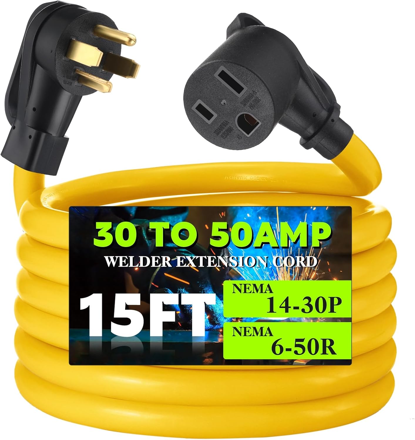 10 Feet 8awg 50amp Welder Extension Cord Compatible with Nema 14-50p to 6-50r, 4 Prong to 3 Prong Power Extension Cord with Handle for Generator or Rv Welder, 50 Amp 250v 12500 Watt