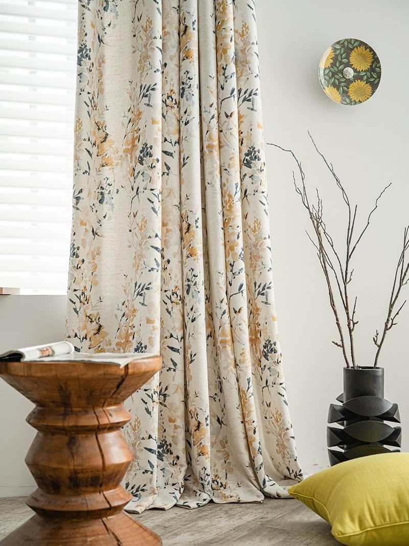 Floral Linen Curtains 84 inch Long Rod Pocket Farmhouse Room Darkening Curtains for Living Room Bedroom Vintage Drapes Yellow on Beige 1 Panel, (52" Wx 84" L)