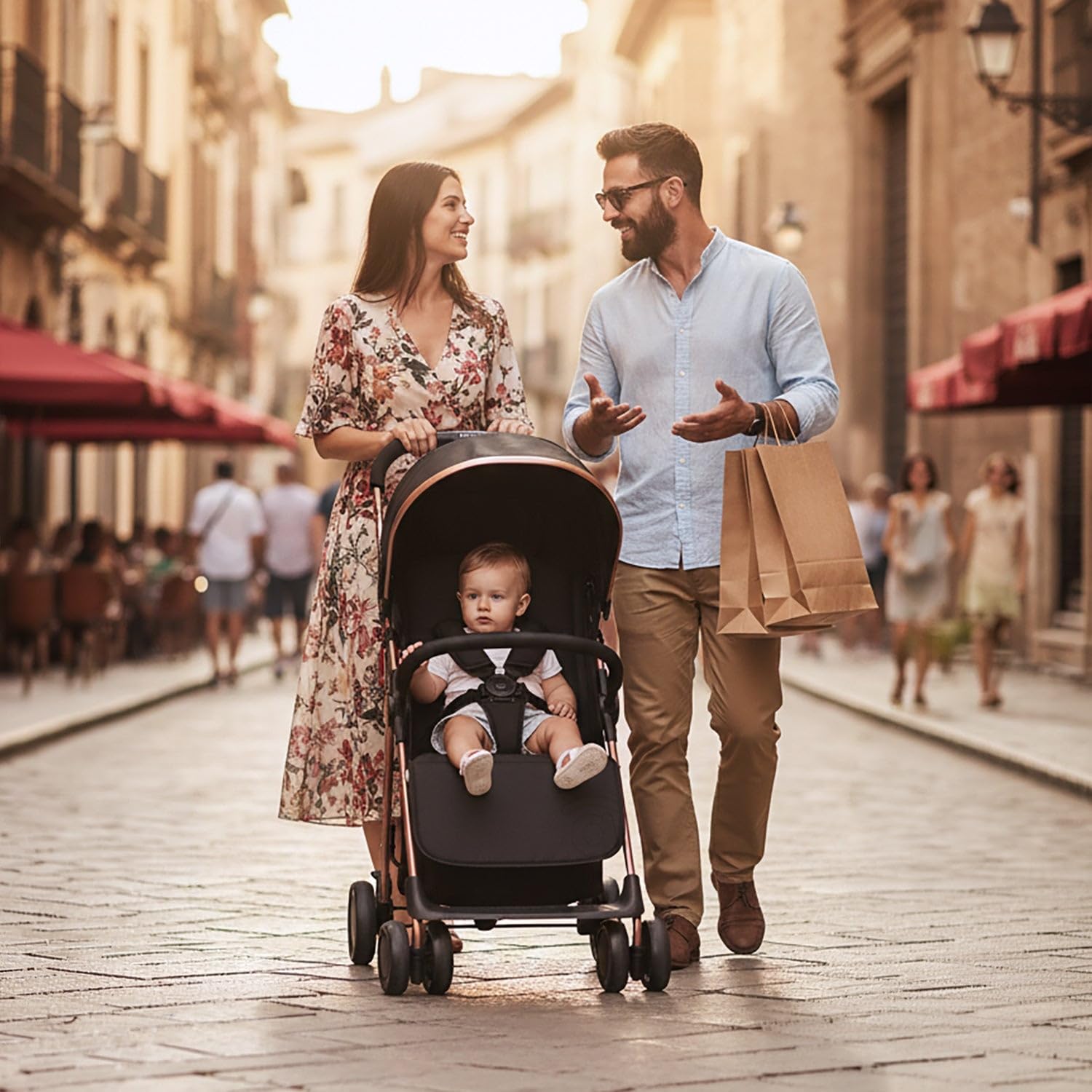 Silla de Paseo Ligera y Compacta para Bebé desde Nacimiento, Carrito Bebé Ultraligero 5,5 kg con Respaldo Reclinable, Capota Extensible, Arnés 5 Puntos y Suspensión – Asalvo NOVA Dorado