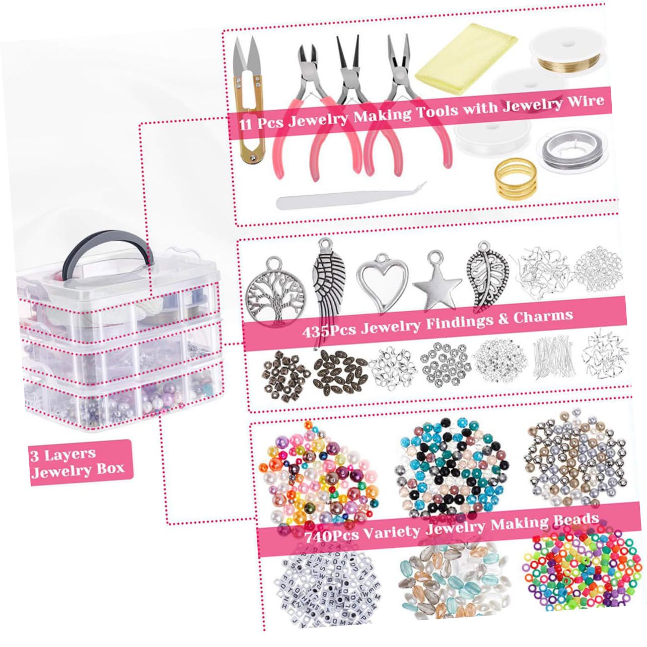 Kit de Fabrication de Bijoux pour Créateurs, 1186 Pièces, Trois Couches