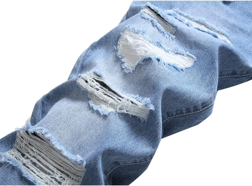 Light Men's Ripped Jeans Straight-Leg Slim-fit Non-Stretch Denim Trousers