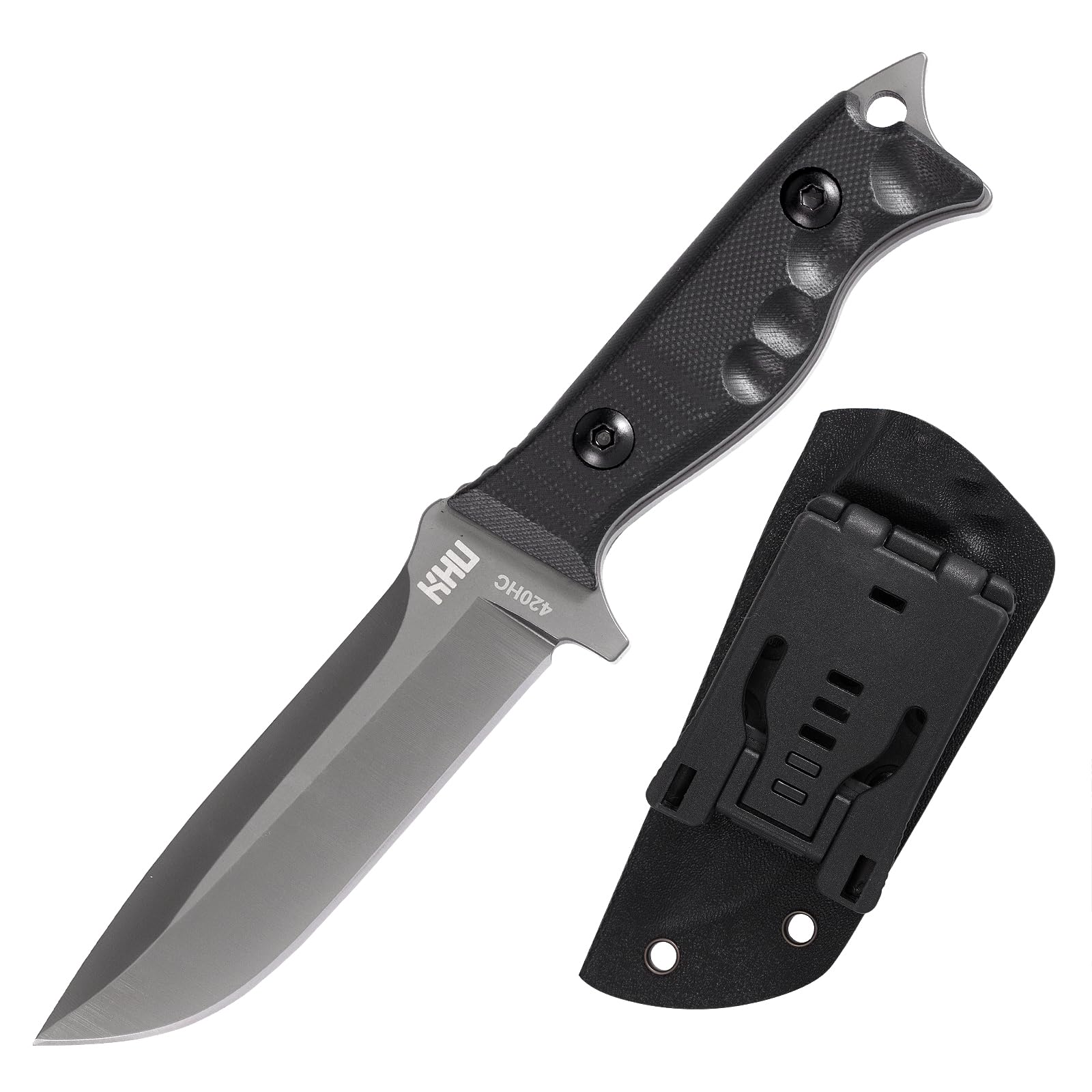 Fixed Blade Knife Tactical, Hunting Knife Survival Knife 420HC Steel G10 Handle, Outdoor Hunting Camping Accessories Camping Gear with Kydex Sheath (Black-04A)