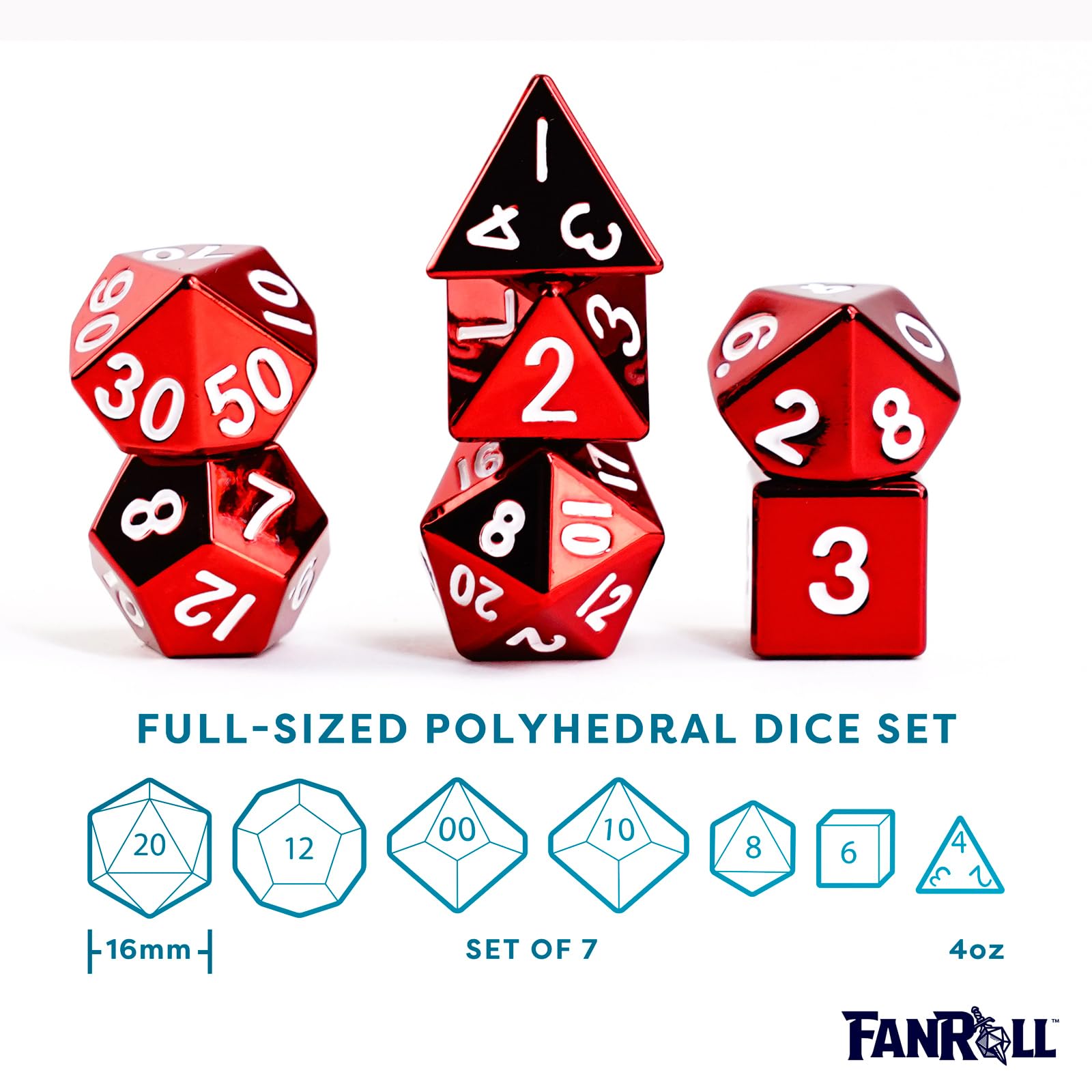 Metal Dice: 16mm Painted Polyhedral Dice Set of 7 - Red