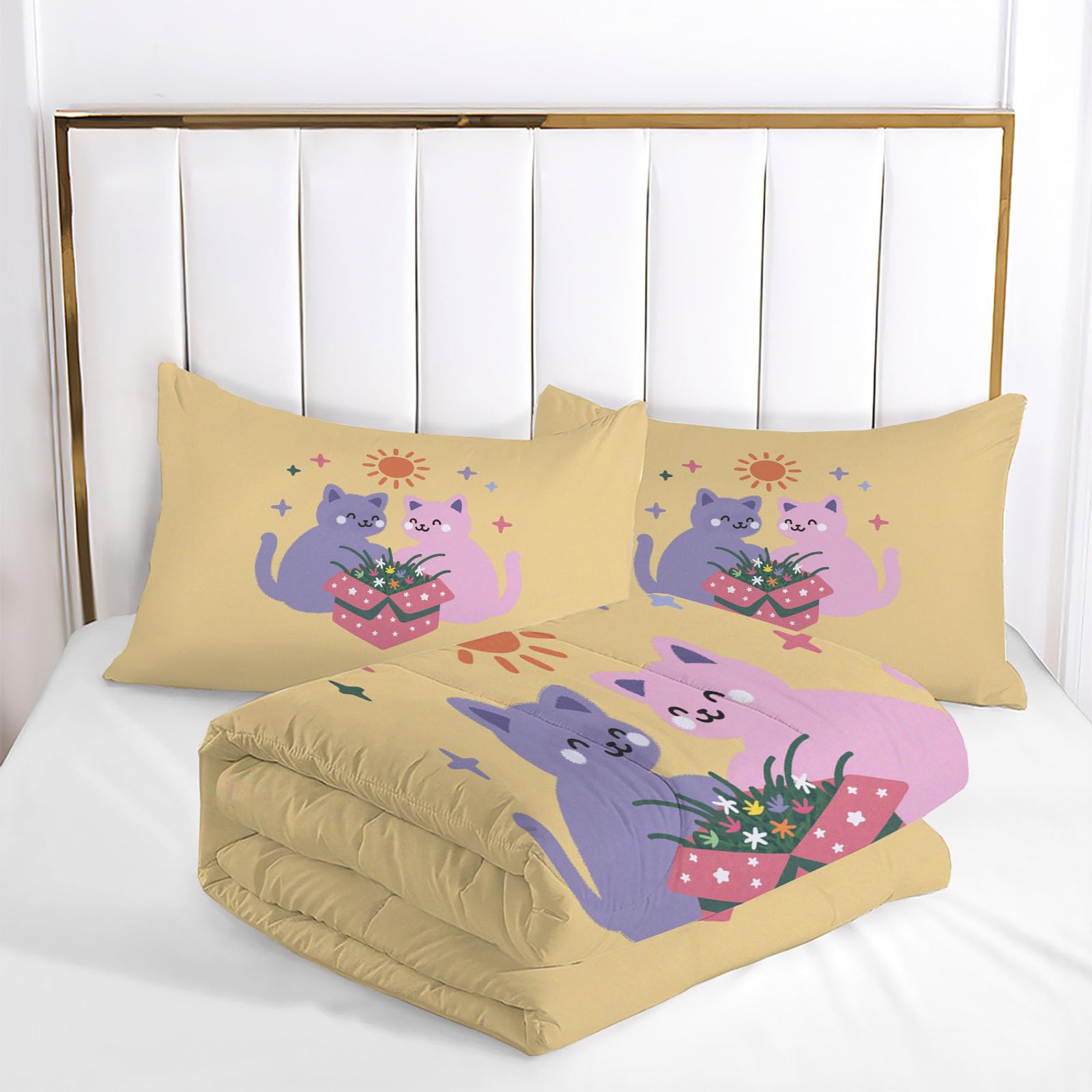Trapunta Letto Singolo 4 Stagioni Piumone per Bambini, Semplice Gatto Sole Leggero Astratto Animali Set di Biancheria da Letto 140x200cm con 1 Federe,Piumino Lavabile In Lavatrice