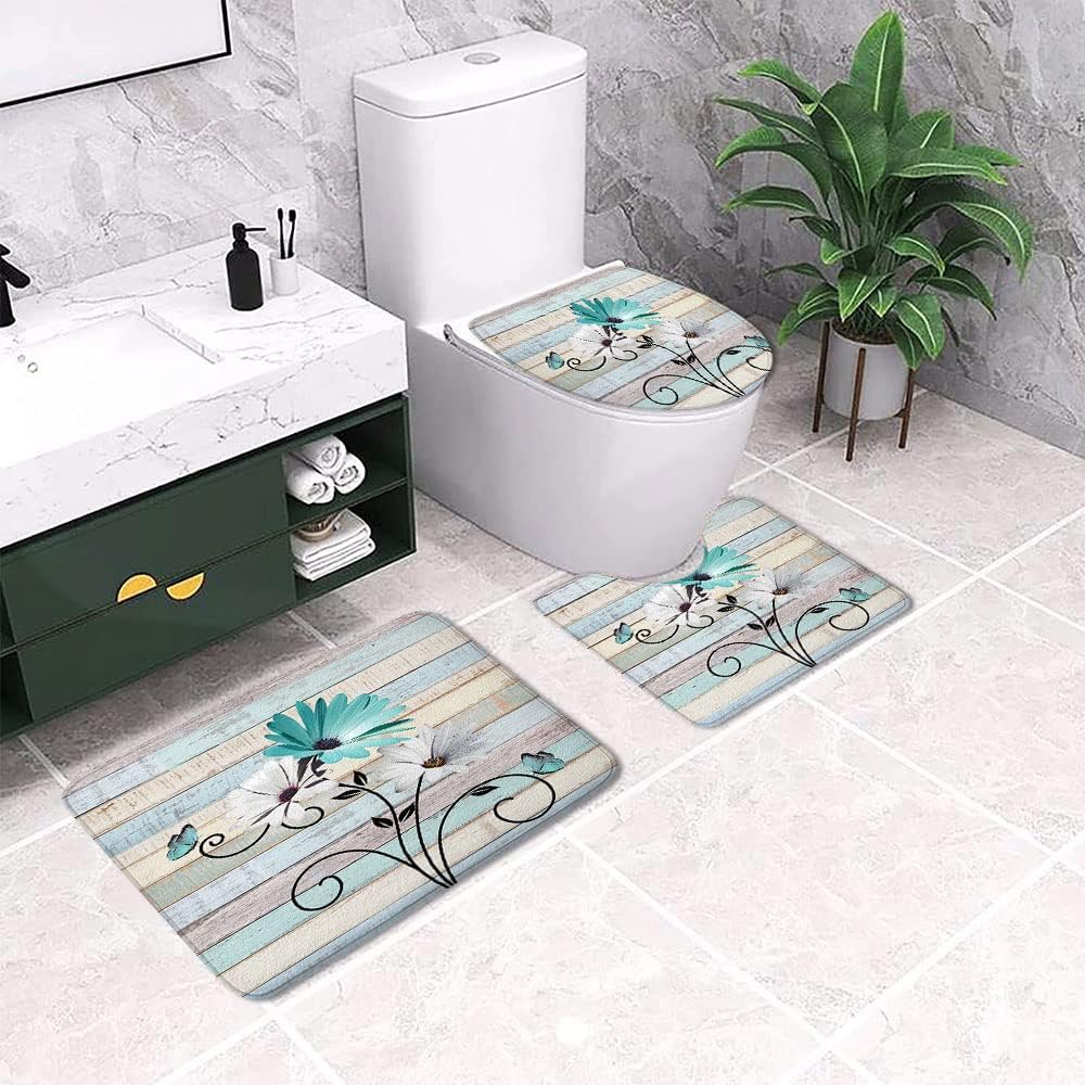 Rustic Teal Daisy Floral Farmhouse Farm Flowers Bath Rugs for Bathroom, Country Wooden Turquoise Vintage Antique Non Slip Flannel Bathroom Rug, Dry Fast Water Absorbent Bath Mats