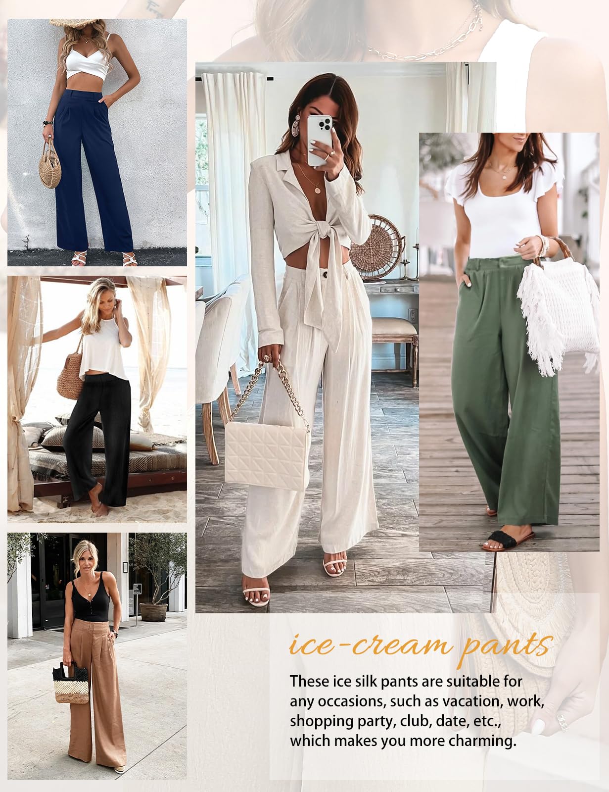 Pantalones Mujer Verano Suelto Rectos Casual Cintura Alta Elástica Anchos con Botones Ligero Cómodo Pantalones de Traje Playa Pantalones con Bolsillos