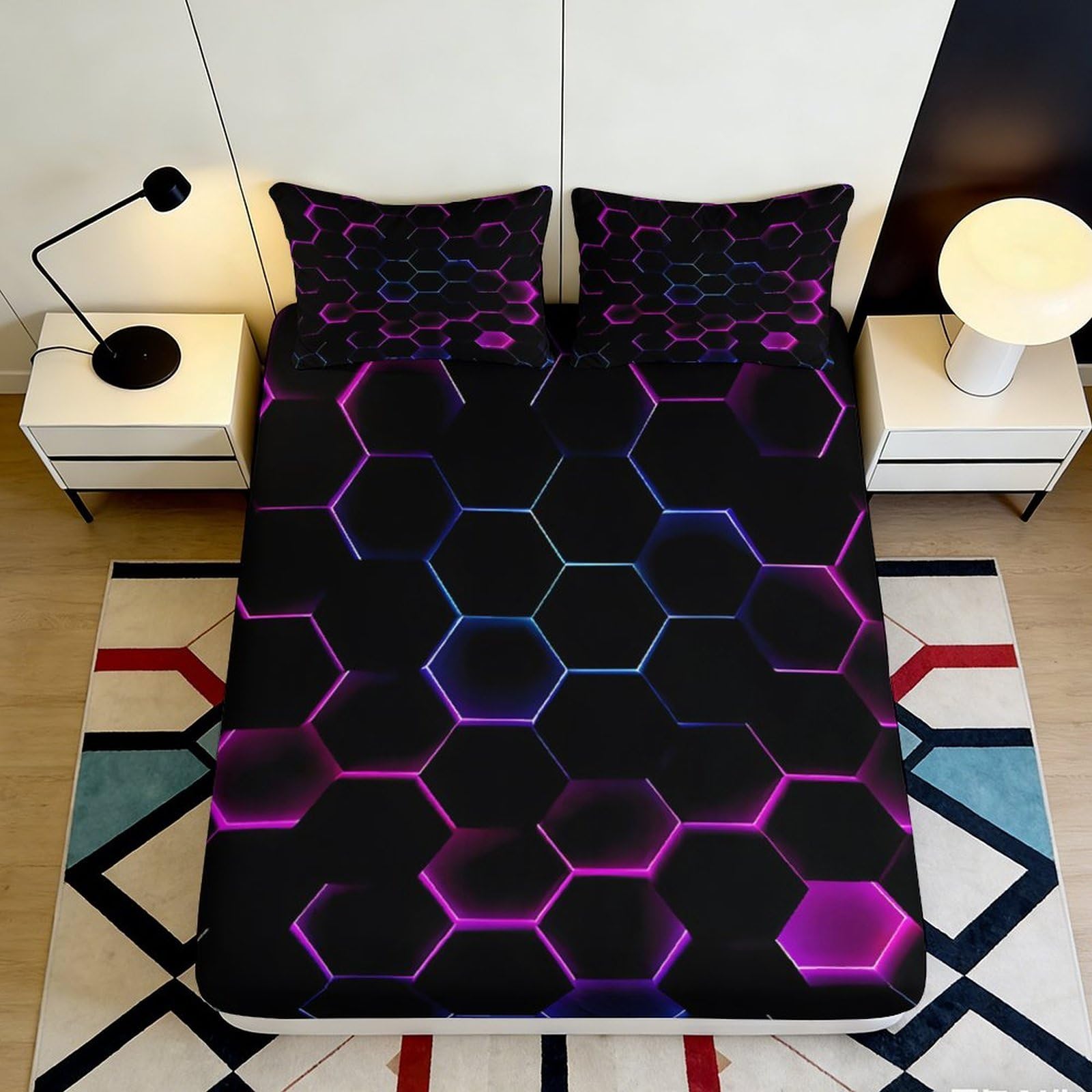 3D Printed Neon Hexagon Fitted Sheet Microfiber Soft Breathable Futuristic Geometry Bed Cover for Bedroom Dorm Decor 90x200x25cm