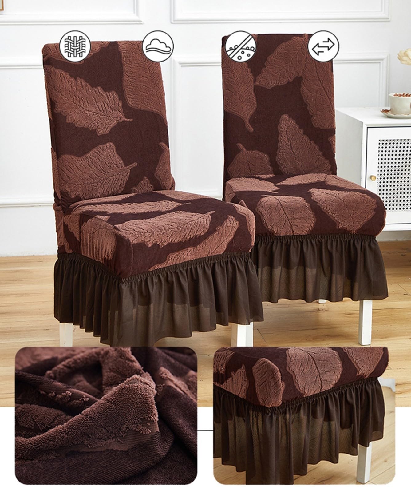 Esszimmer Stuhlhussen mit Rock,Stuhlhussen für Esszimmerstühle 2/4/6er-Set | Dehnbare Waschbar Stuhlbezug,Kratzfest und Katzenkratzfest(Beige,6Pcs)