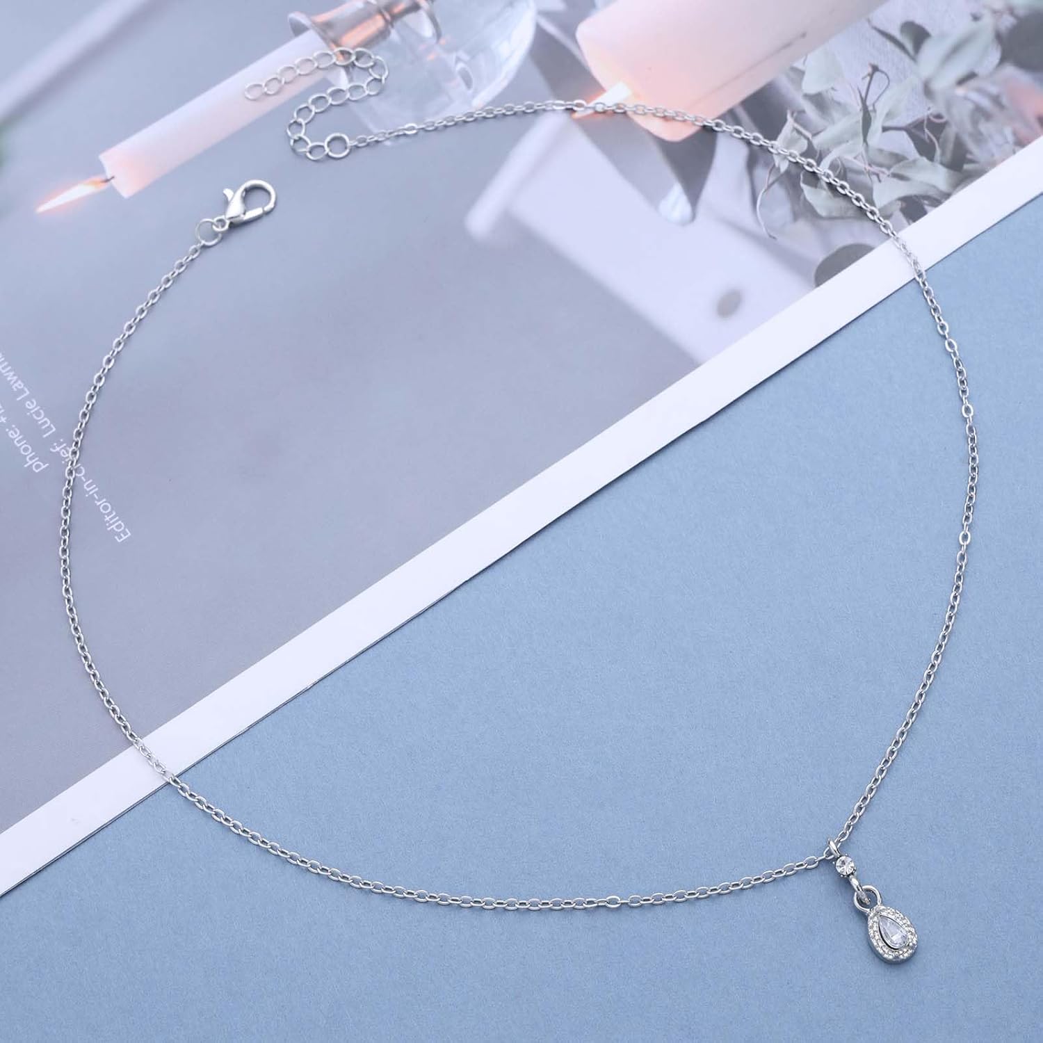 Bohemian Crystal Teardrop Choker Necklace Silver Cz Oval Pendant Necklace Small Crystal Water Drop Necklace Rhinestone Oval Chain Collar Necklace Jewelry for Women - Image 4