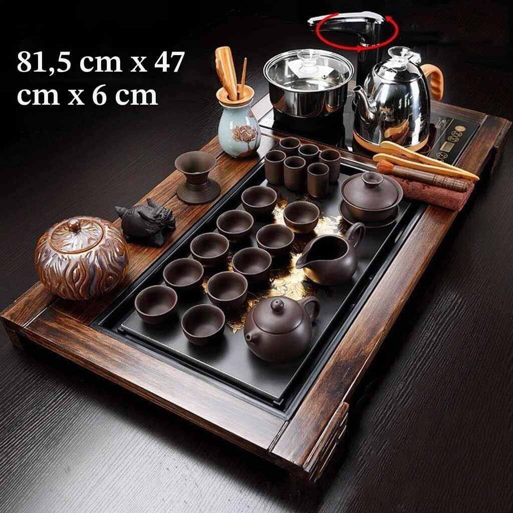 Kung Fu Teeset - Komplettes chinesisches Teezeremonie-Set mit Massivholz-Tablett, Keramik-Teekanne und automatischem Warmwasserbereiter für authentisches Brauerlebnis