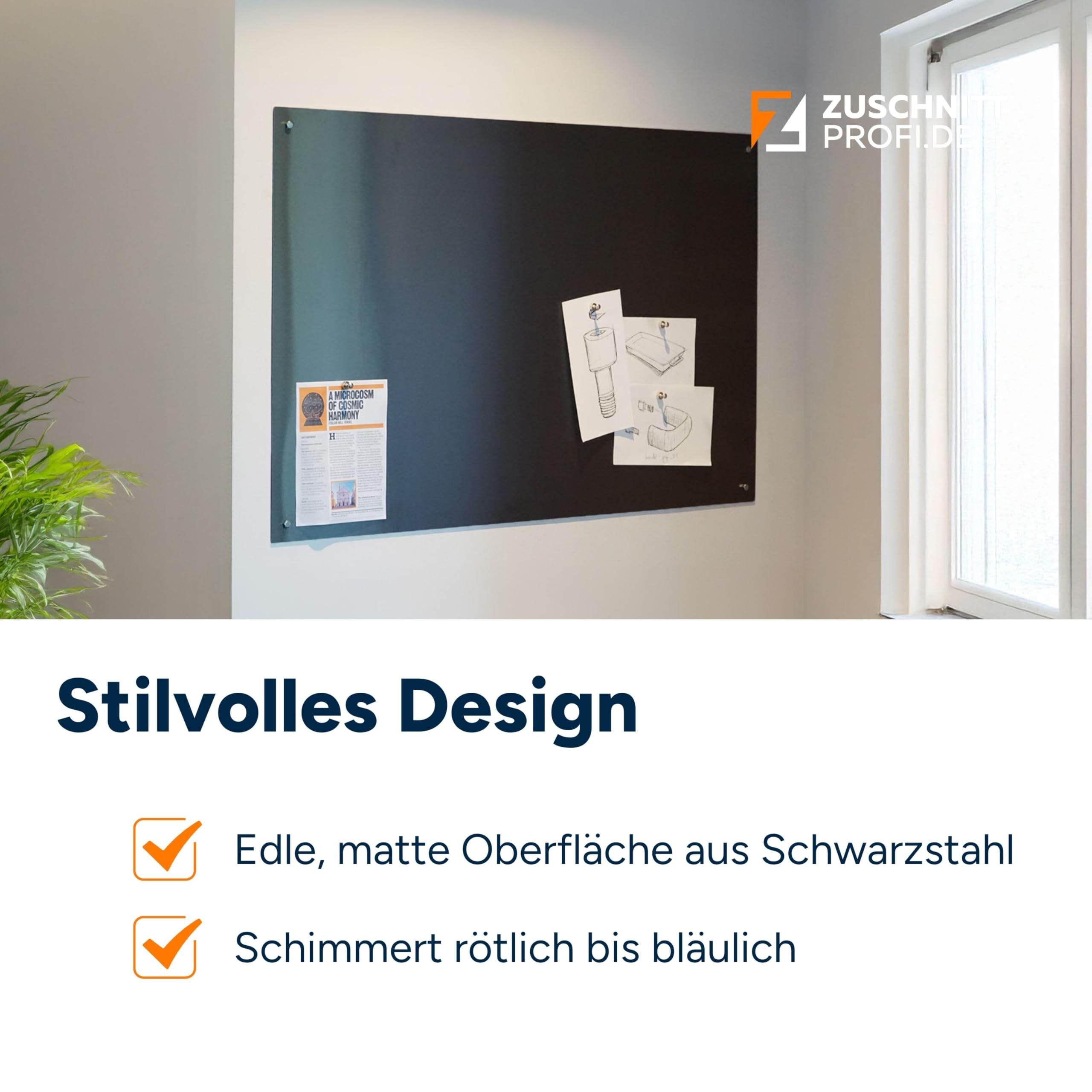 Design Magnetwand aus Schwarzstahl (100 x 60 cm) - handgefertigte Magnettafel mit charakteristischem Farbeffekt – Pinnwand inkl. 4 Bohrungen & Befestigungsmaterial