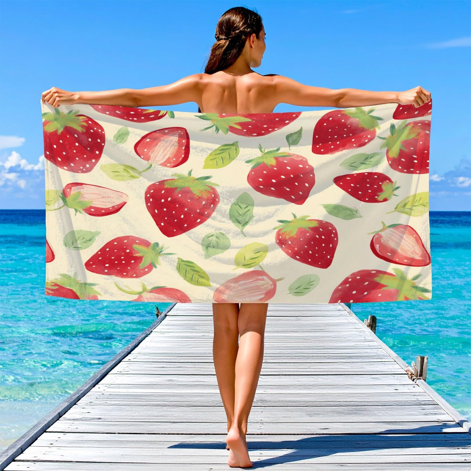 Générique Serviette de Plage Microfibre 200 x 100 CM,Drap de Plage Rustique, Campagne, Dessiné à la Main, Couverture de Plage Absorbante,Couverture de Bain Fraise Rouge