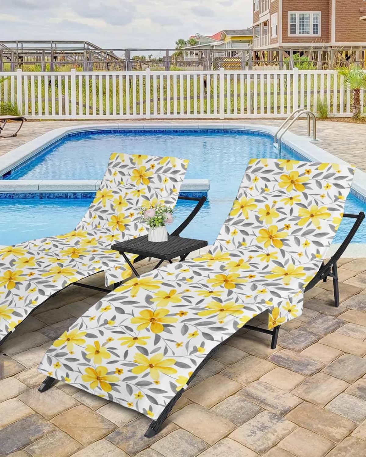 Yellow Grey Flower Beach Pool Patio Lounge Chaise Chair Cover Towel With Pockets,Absorbent & Quick Dry Microfiber Towel Cover Bag Summer Accessories Abstract Aesthetics Country Rustic Chic Floral