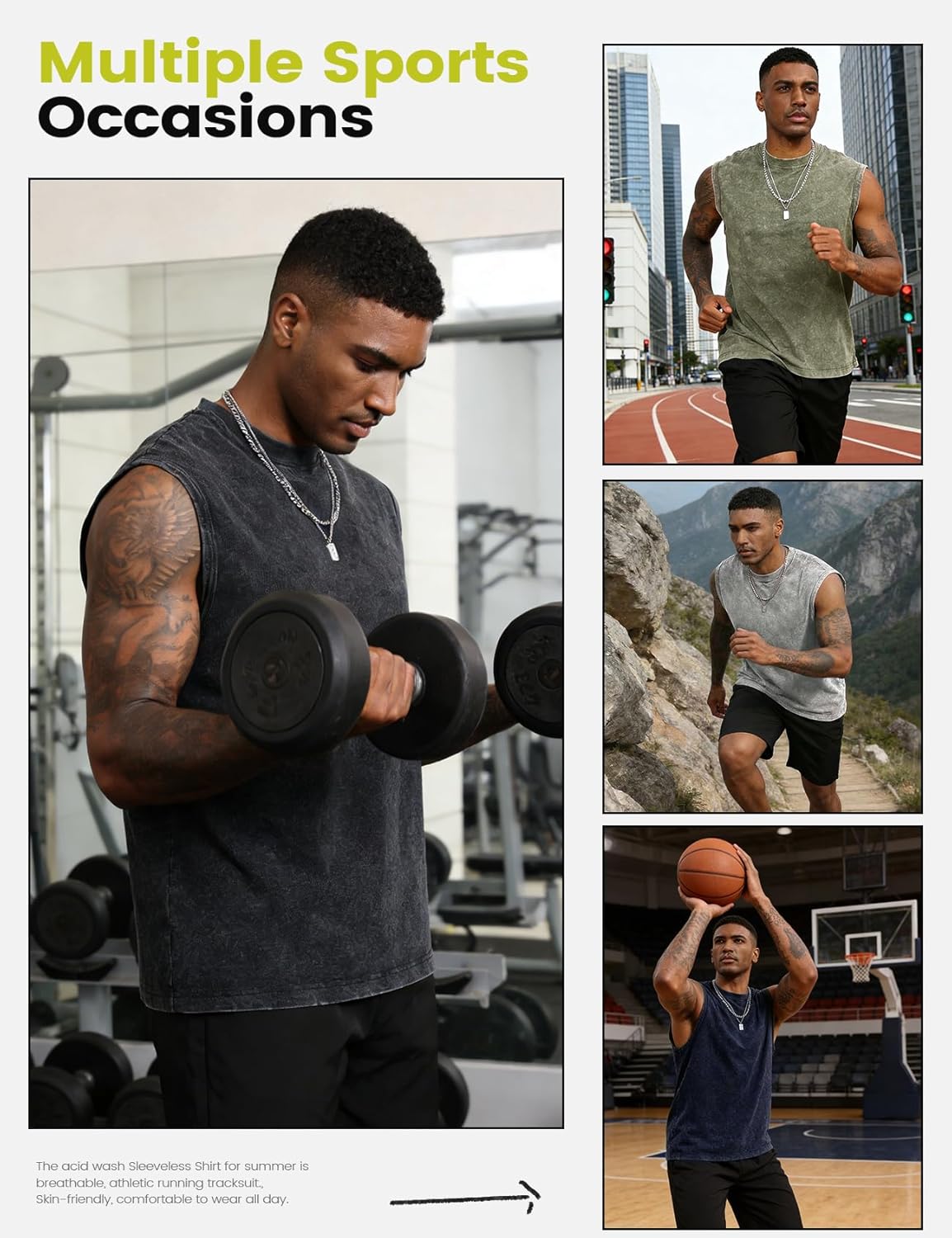 Yimoon Mens Tank Tops Workout Sleeveless Shirts Cotton Acid Wash Tees Loose Gym Muscle Shirts