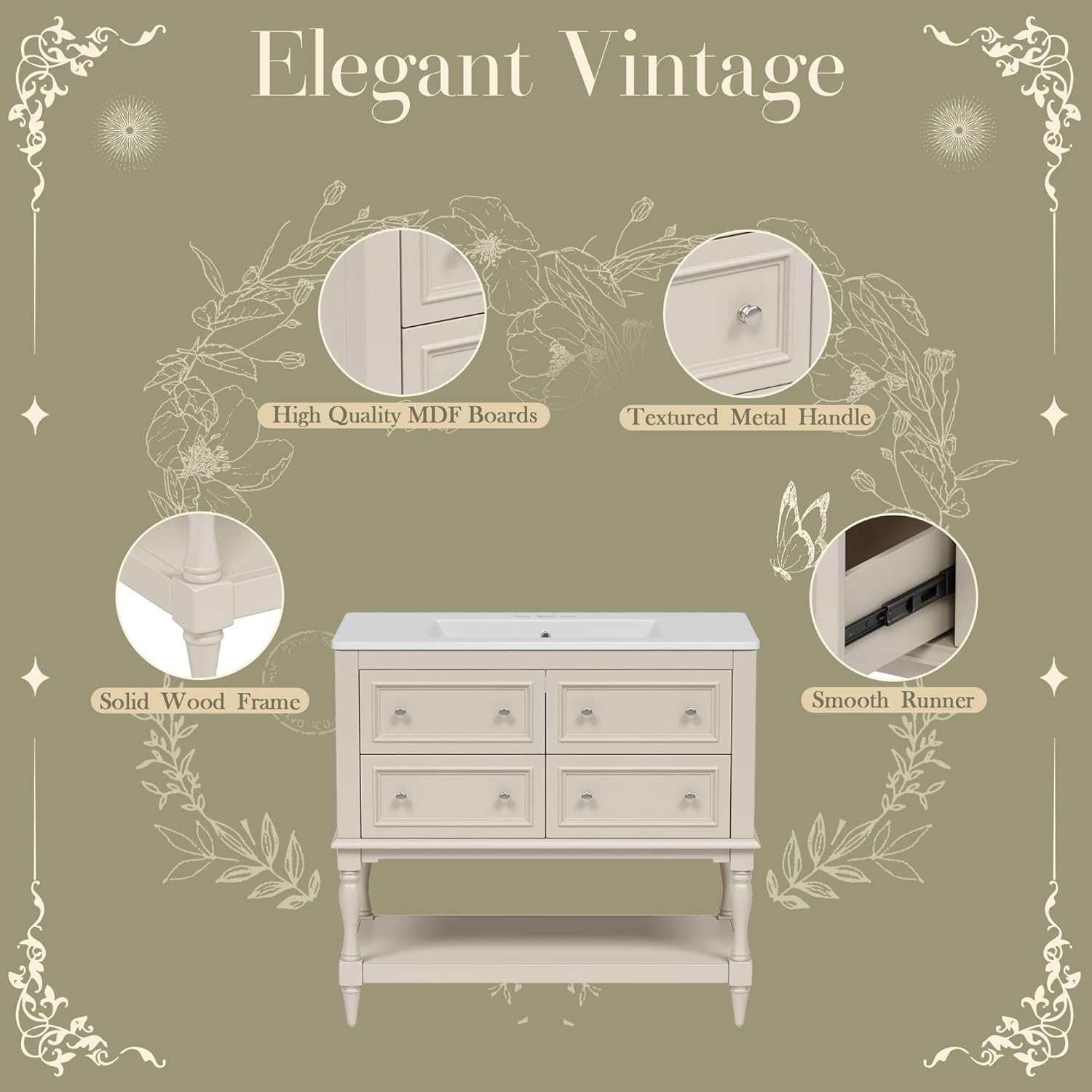 RUNNA 36" Bathroom Vanity Cabinet with Sink Combo Set,Undermount Ceramic Sink, Free Standing Vanity Set with 4 Drawers, Solid Wood Frame Bathroom Cabinet (Beige@54)