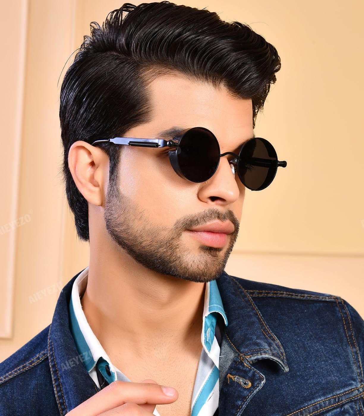 AIEYEZO Round Steampunk Sunglasses for Men Women Retro Gothic Sun Glasses Round Metal Frame Ladies Shades - Image 2