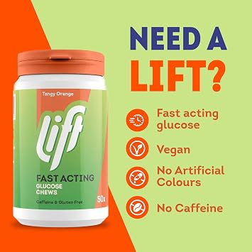 Lift Fast-Acting Glucose Tablets, Orange, 50 Count, 6 Pack | Fast-acting glucose tablets with 3.7g glucose per tablet; Caffeine-free, vegan; Orange flavour; 50-tablet tub, 6 pack