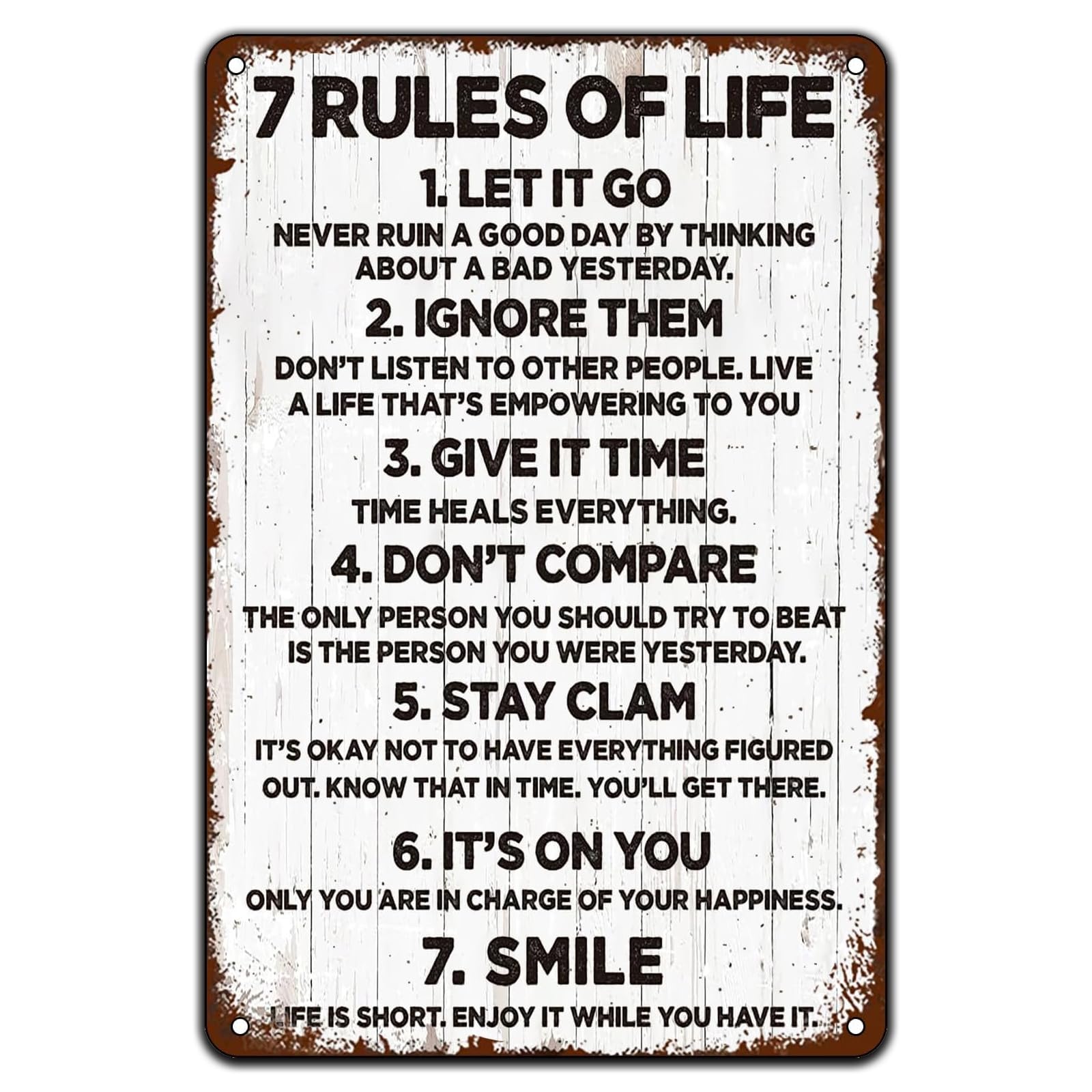 7 Life Rules Motivational Vintage Metal Sign Positive Daily Wisdom Slogan Rustic Wall Art Decor for Home Outdoor Space 8x12 Inch