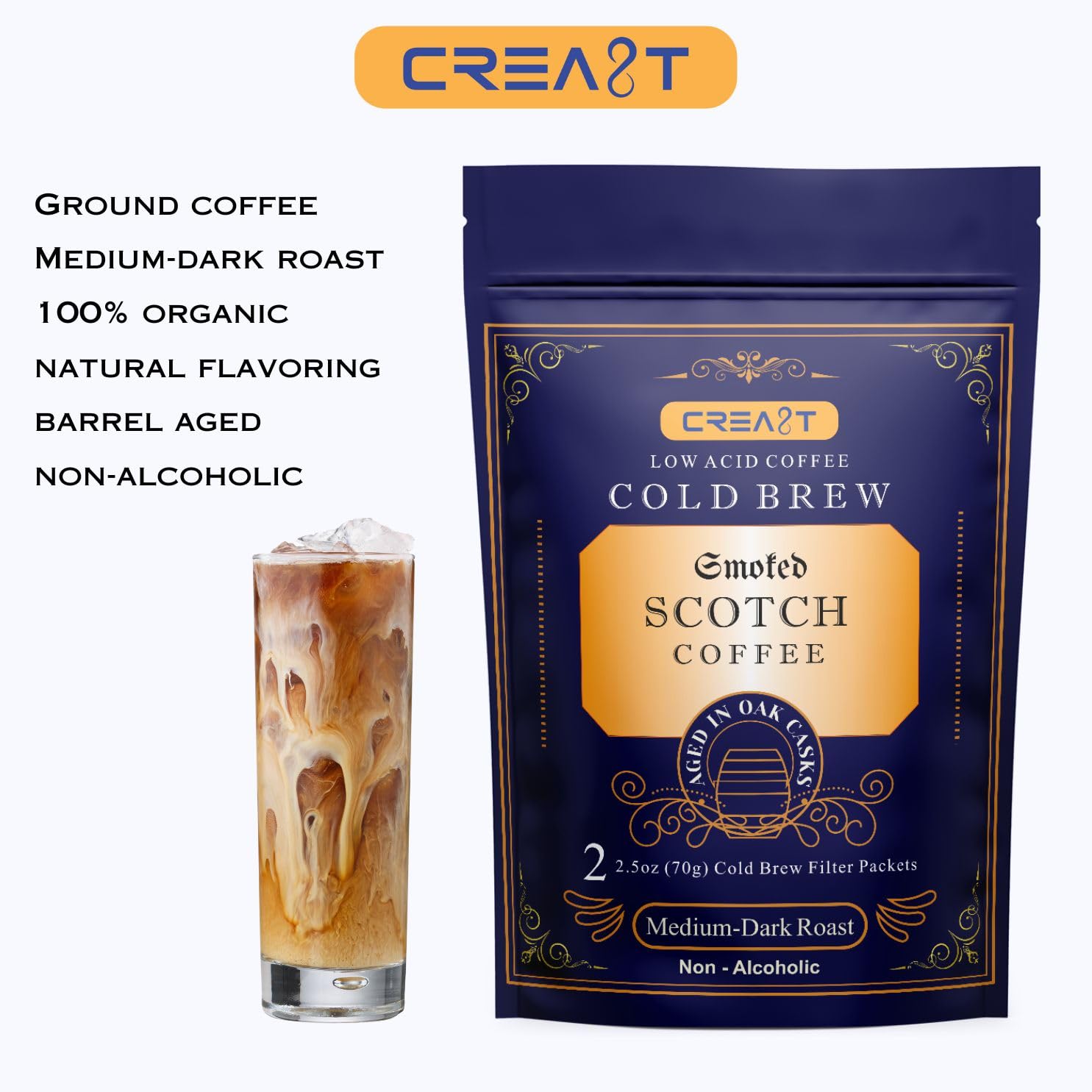 CREA8T Cold Brew Smoked Scotch flavored coffee - Pack of 4 Cold Brew GROUND Filter packets 2.5oz each totalling 10oz.