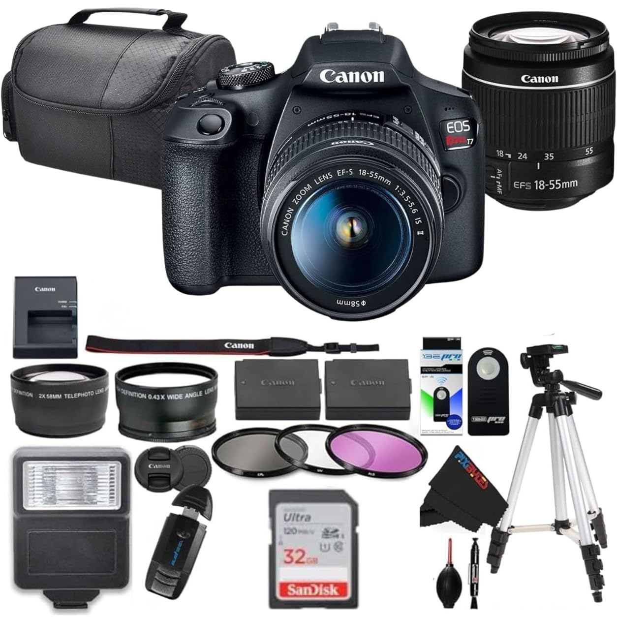Canon EOS Rebel T7 DSLR Camera with 18-55mm Lens (Black) (Renewed) (Camera w/Advanced Bundle)