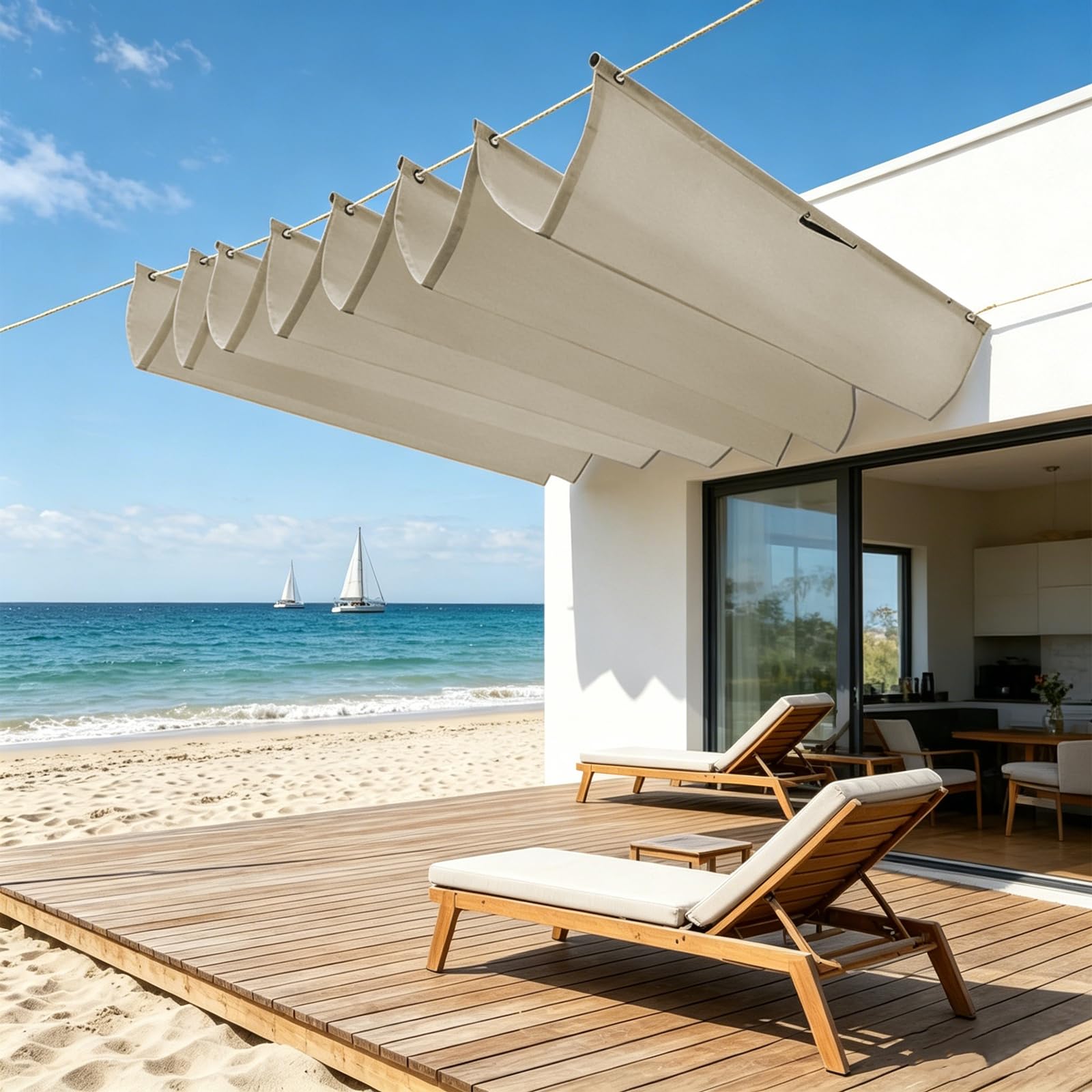 Sun Shade Sail Retractable Wave,Outdoor Water Resistant Retractable Wave Awning Canopy 98% UV Block,for Patio Garden Lawn,Rope Fixing-Khaki||160x800cm