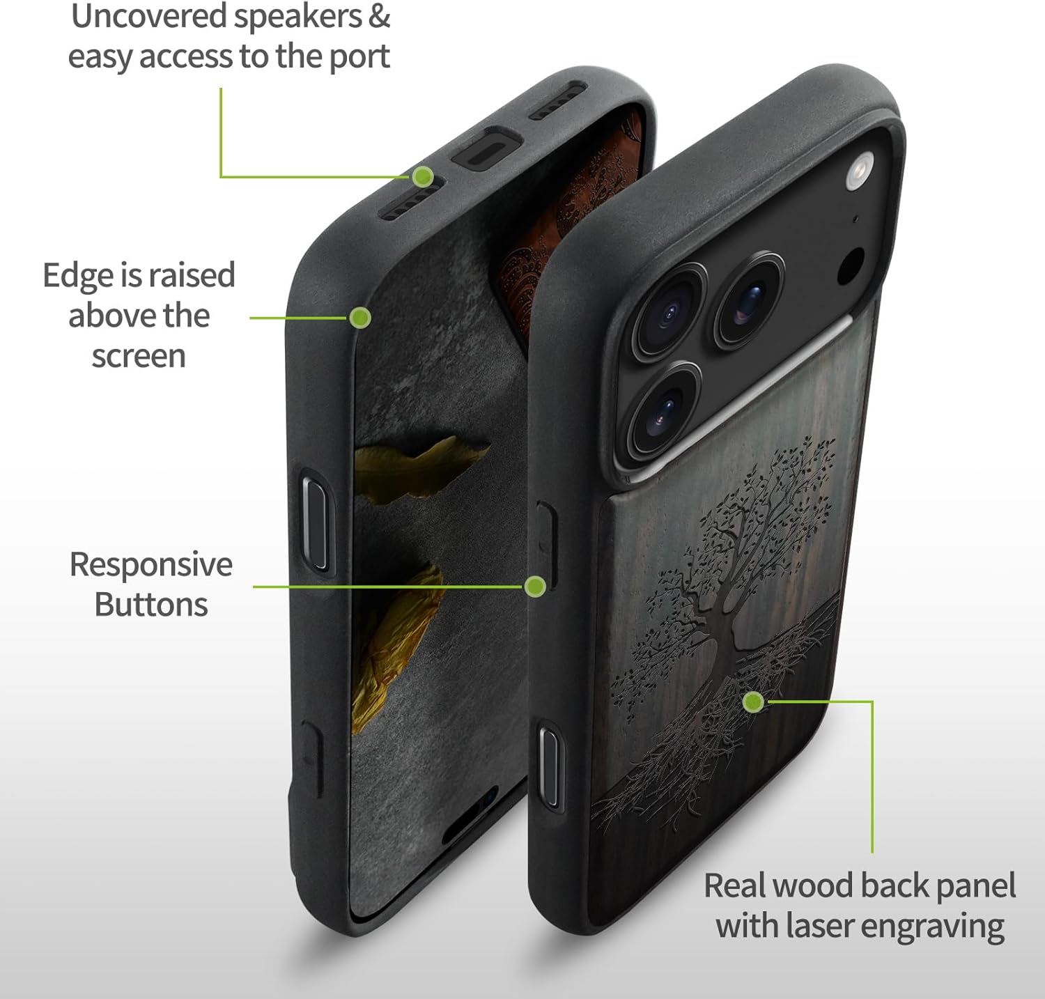 Carveit Magnetic Wooden Case for iPhone 17 Pro Case, Wood Artisan Engraved & Black Soft TPU Shockproof Cover, Compatible with MagSafe Wireless Chargers (The Yin Yang Tree) Blackwood
