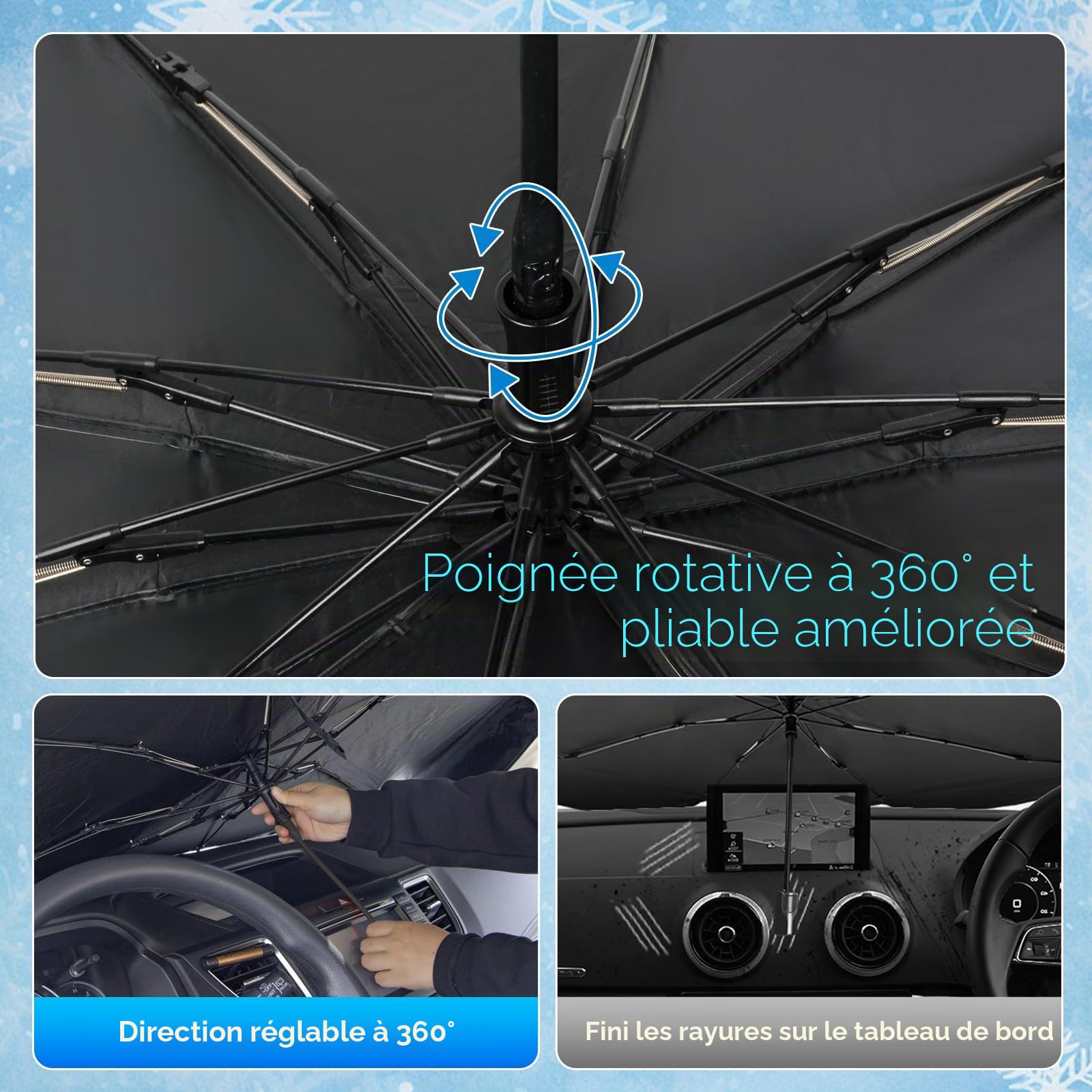 Pare-Soleil Voiture Pare-Brise Avant, 145x85cm Grande Taille,Protection UV & Anti-Chaleur Pliable Poignée rotative elliptique, avec Découpe pour Rétroviseur – Idéal pour SUV et pour Voiture.