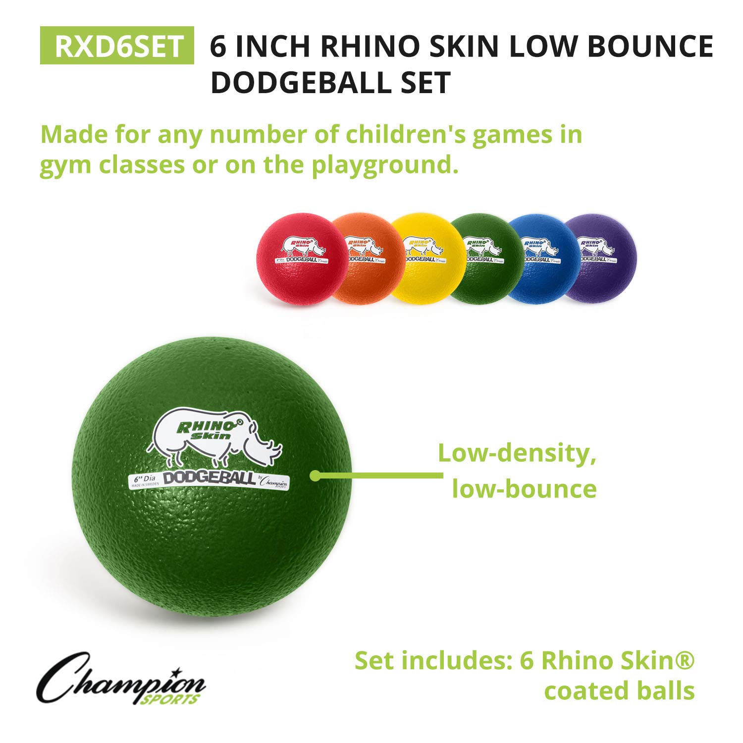 Champion Sports Rhino Skin Low Bounce Dodgeball, 6-Inch - Set of 6, Assorted Colors - Image 2
