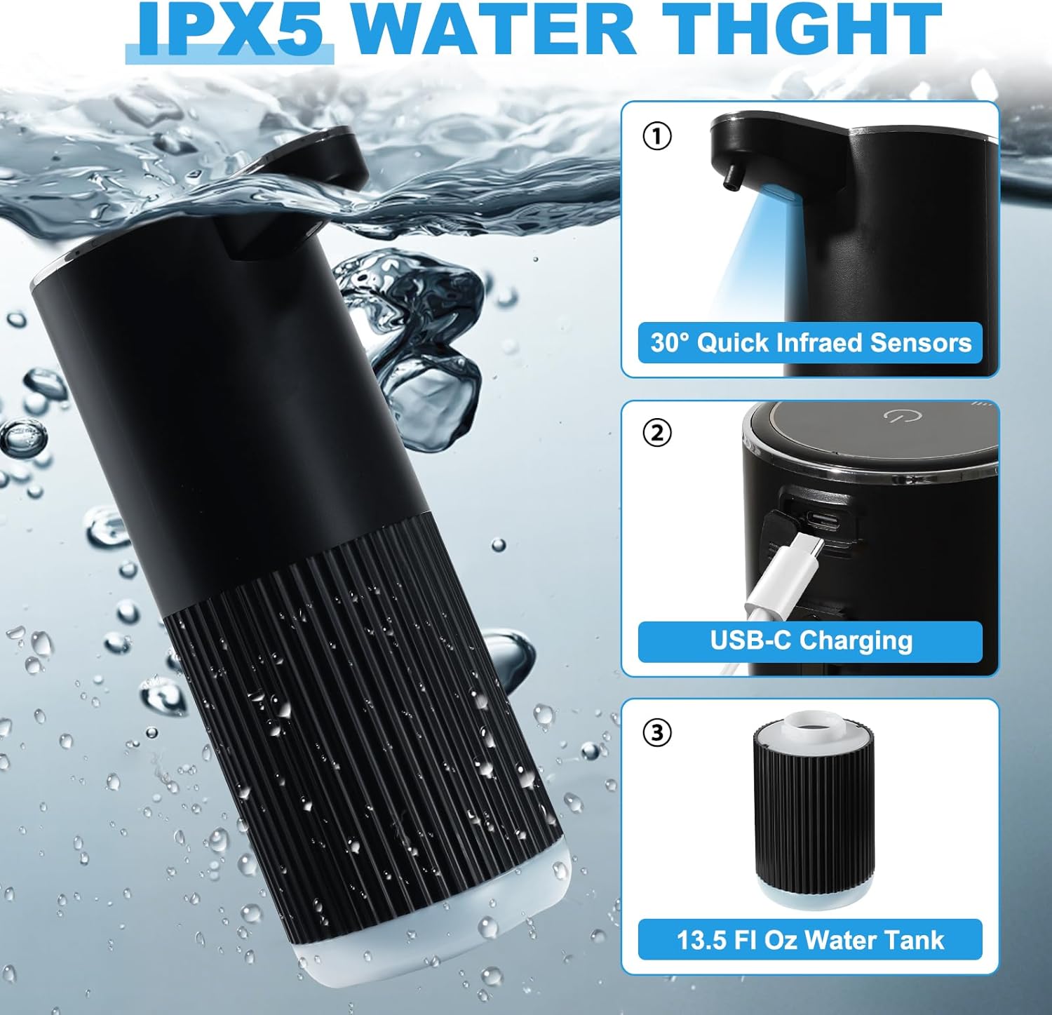 Automatic Soap Dispenser, 2 Pack Black Touchless Liquid Soap Dispenser for Bathroom, 13.5 Fl Oz Plastic Electric Auto Dish Soap Dispensers Wall Mount for Kithcen with Adjustable Volume - Image 4