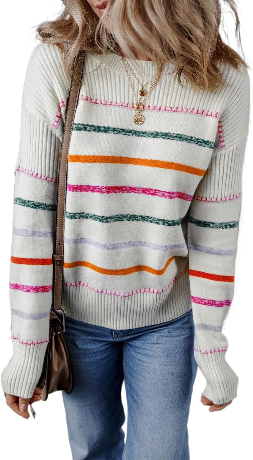 Chic Long Sleeve Round Neck Sweater: White Colorful Stripes