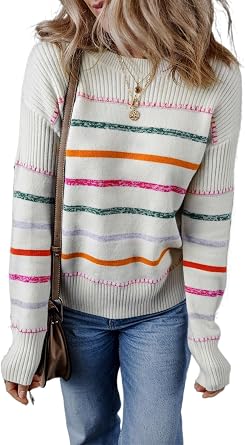 Chic Long Sleeve Round Neck Sweater White Colorful Stripes