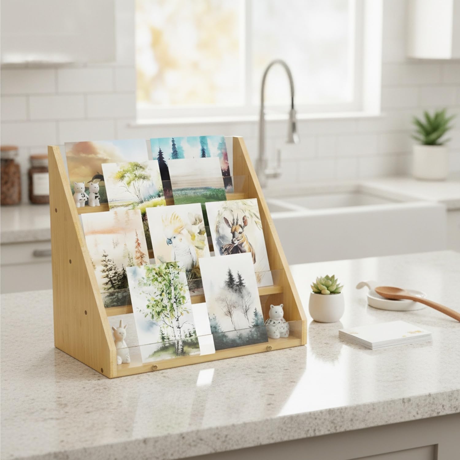 Espositore a più livelli, organizer da scrivania in bambù naturale con bordi in acrilico trasparente, perfetto per cancelleria da ufficio e spezie da cucina, soluzione di archiviazione a 3 livelli
