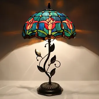 Tiffany-Style Stained Glass Table Lamp with Metal Leaf Base - 12-inch Shade, 19 inches tall