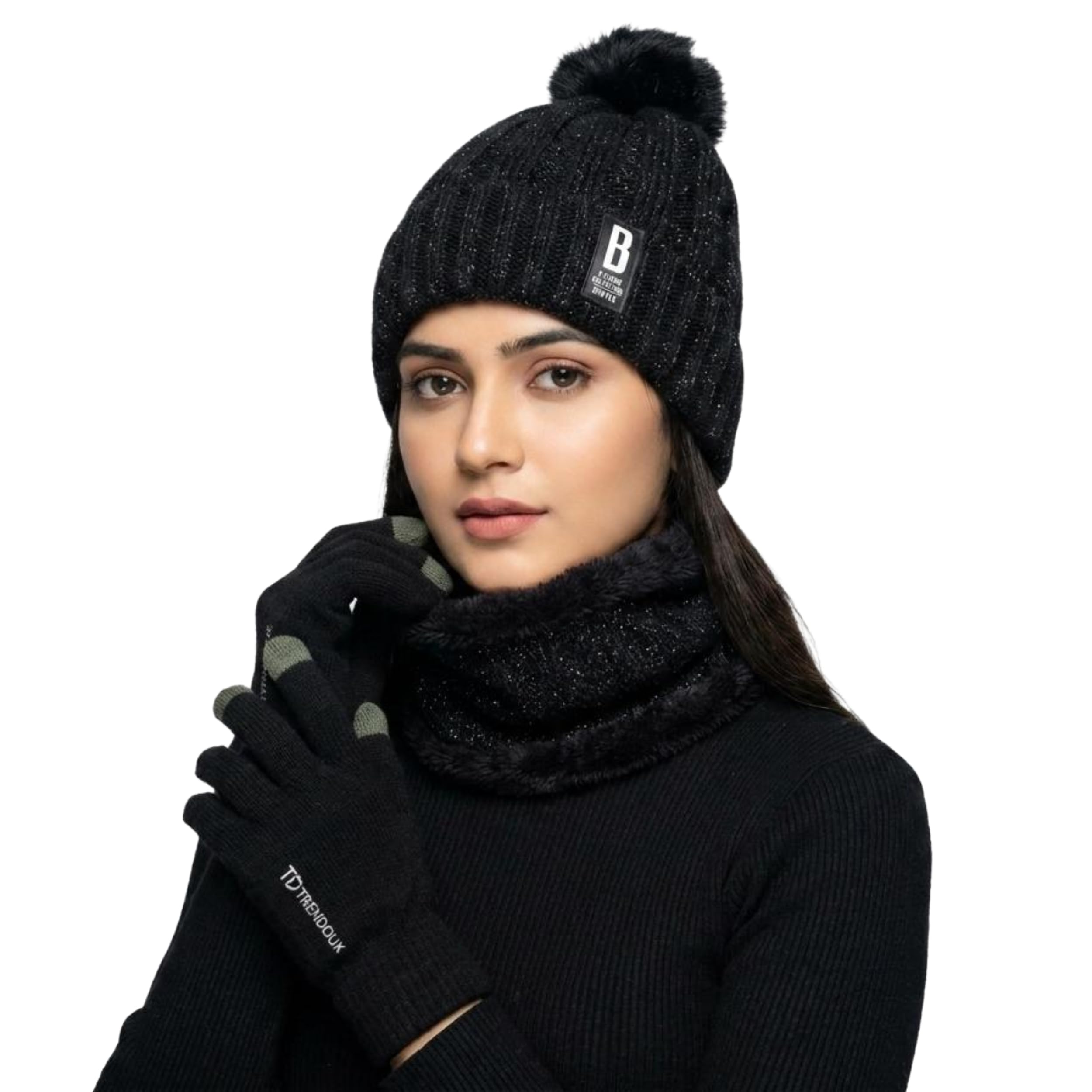 Winter Set For Women | Beanie Cap with Pompom, Fleece-Lined Neck Warmer Muffler & Touchscreen Gloves | 3-in-1 Knit Woolen Combo-image-22