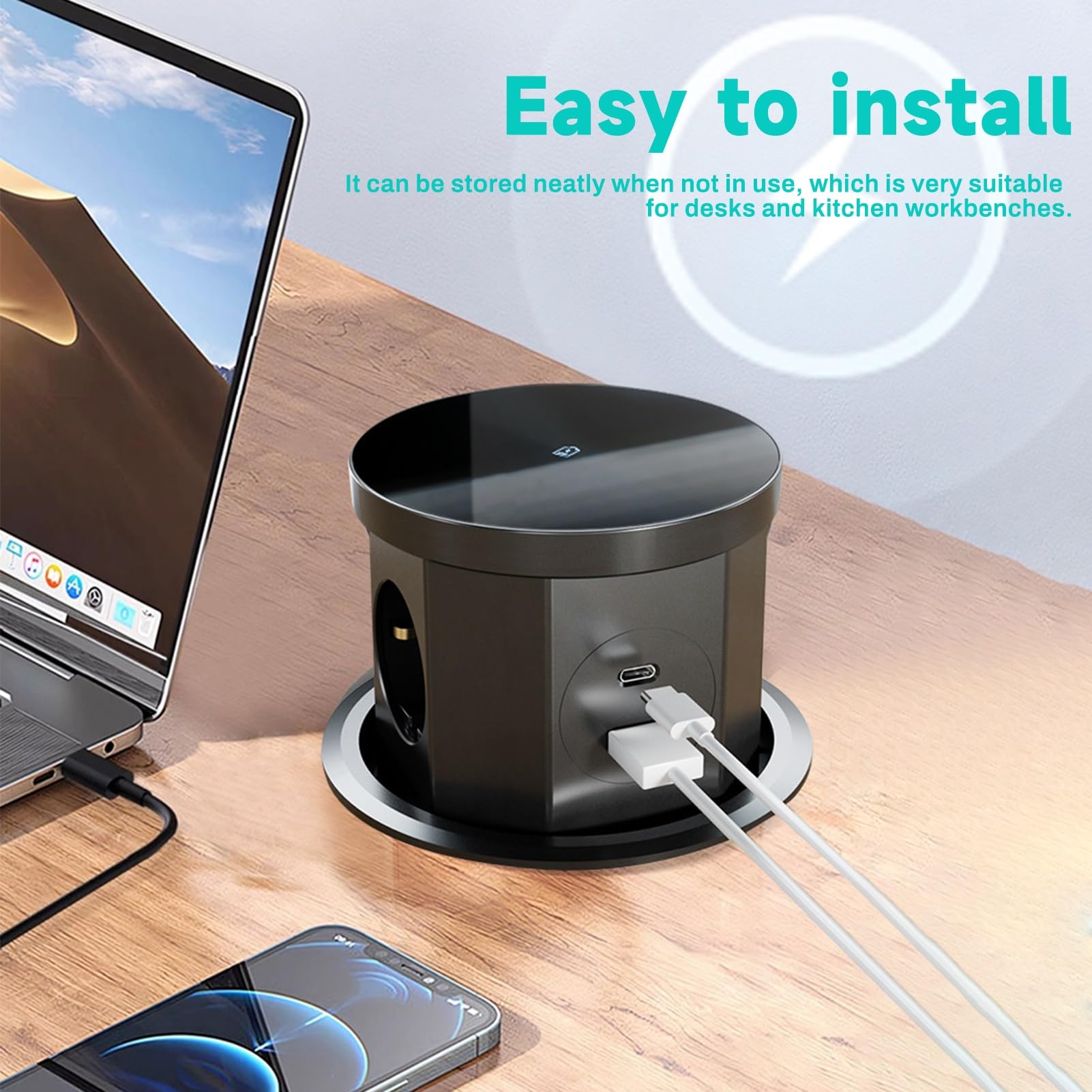 DEWIN Multipresa a Scomparsa,2500W 16A Presa a Scomparsa 3 Scomparti con 1 USB C e USB A,Torretta Multipresa a Scomparsa con Ricarica Wireless da 15W,Cavo da 1,5M per Ufficio, Lavoro e Cucina(EU)