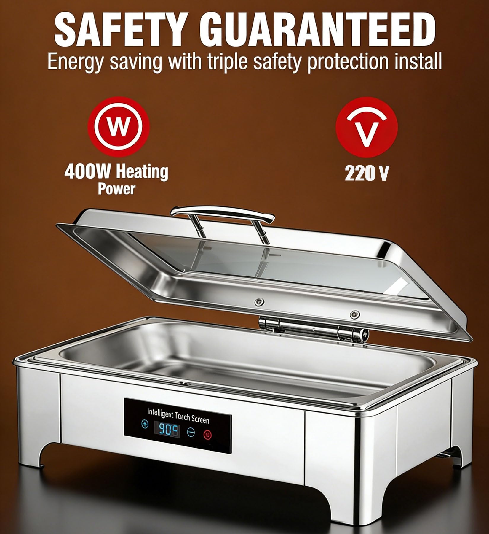 Chafing Dish Elettrico, 9L Scaldavivande Elettrico per Buffet con Coperchio in Vetro, Commerciale Contenitore Scalda Cibo Temperatura Regolabile 35-90°C per Buffet, Feste e Banchetti (GN1/3)