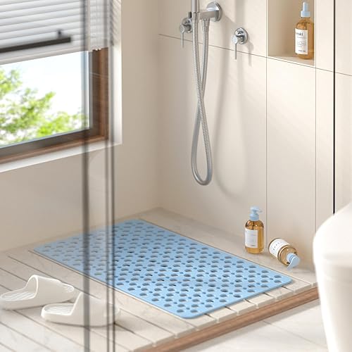 Miniatura 8 de HITSLAM Tapete antideslizante para bañera de 28 x 15 pulgadas, tapete de baño de drenaje eficiente con ventosas, suave en los pies y fácil de