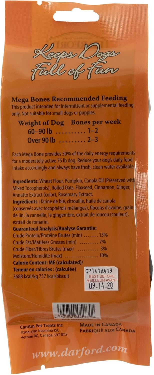 Darford Mega Bone Dog Treats – Pumpkin Flavor – 10 Pack Large 7oz Bones – Natural Crunchy Biscuits – No Corn, Soy, or Meat by-Products – Made in Canada - 10 Pack